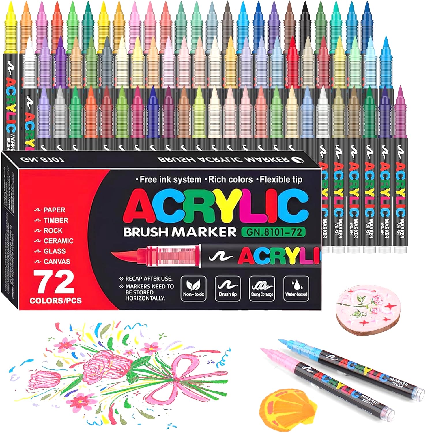 Gunsamg Feutres Acryliques 72 Couleurs - Marqueurs Pinceau Flexible 1-5mm, Peinture Acrylique sur Pierre, Toile, Verre, Céramique, Bois - Coloriage Adulte & Loisirs Créatifs