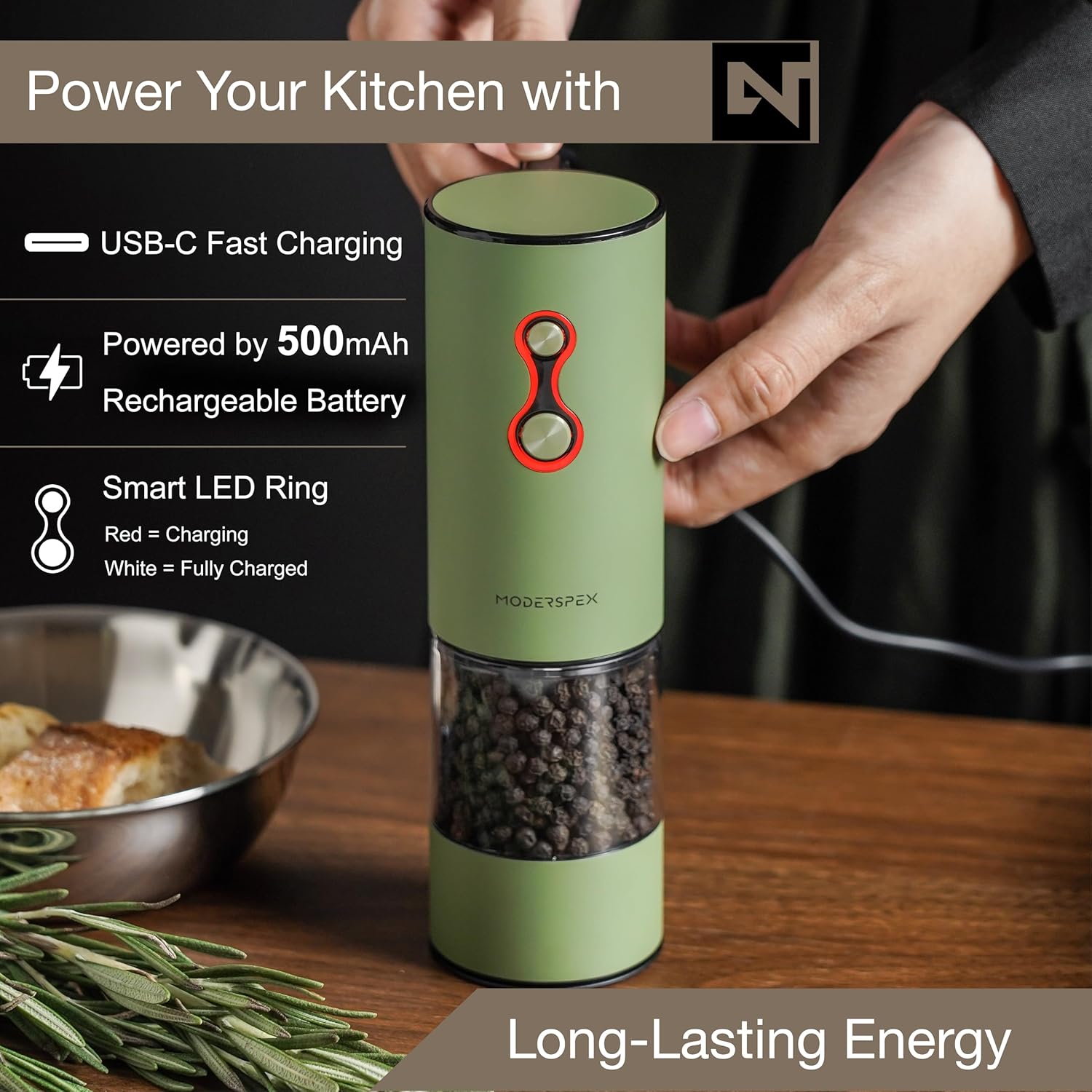 Electric Salt and Pepper Grinder Set USB-C Rechargeable, Dual-Speed Automatic Salt and Pepper Mills with 9 Adjustable Coarseness, Ceramic Burr, LED Light, Refillable, (Sage Green)