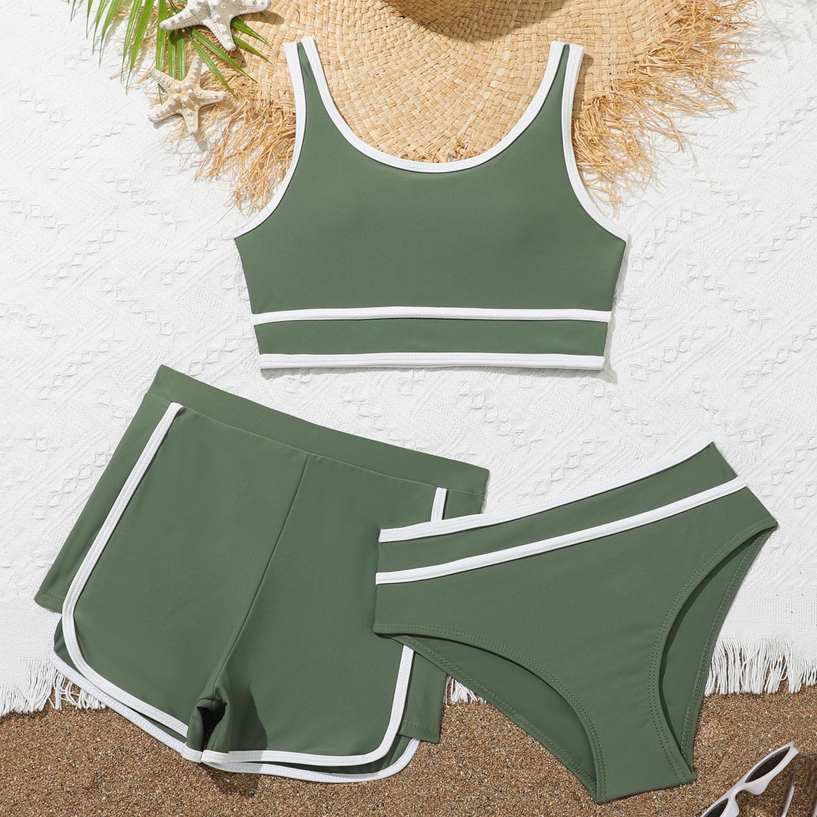 Generisch Bañador deportivo para niñas con pantalones cortos, juego de bikini de 3 piezas, trajes de baño deportivos