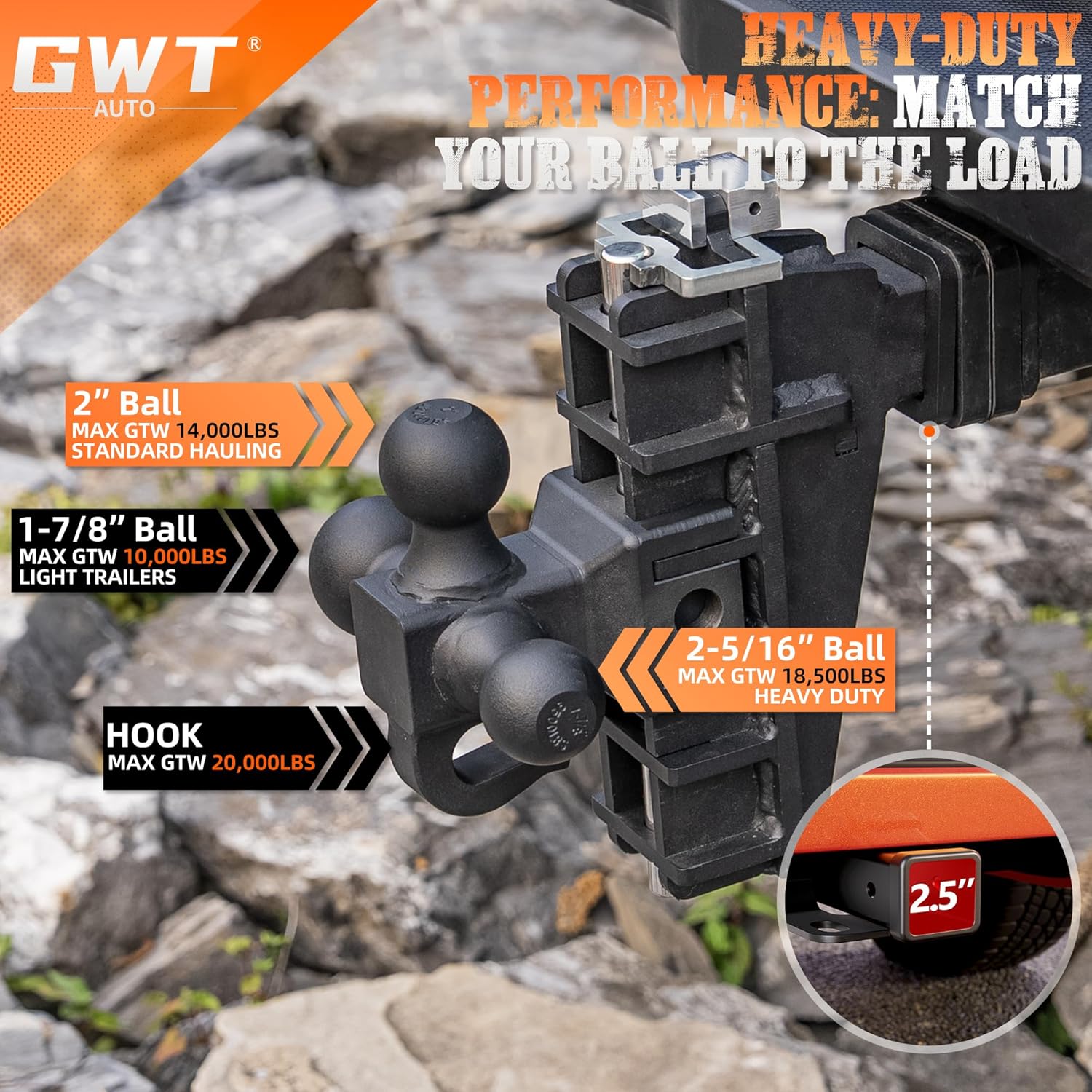 Adjustable Trailer Hitch with Hook, Tri-Ball (1-7/8 x 2 x 2-5/16) Drop Hitch, Fits 2.5-Inch Receiver, 6 Inch Drop Hitch, 18500 LBS GTW-Class 3 Tow Hitch for Heavy Duty Truck, Black