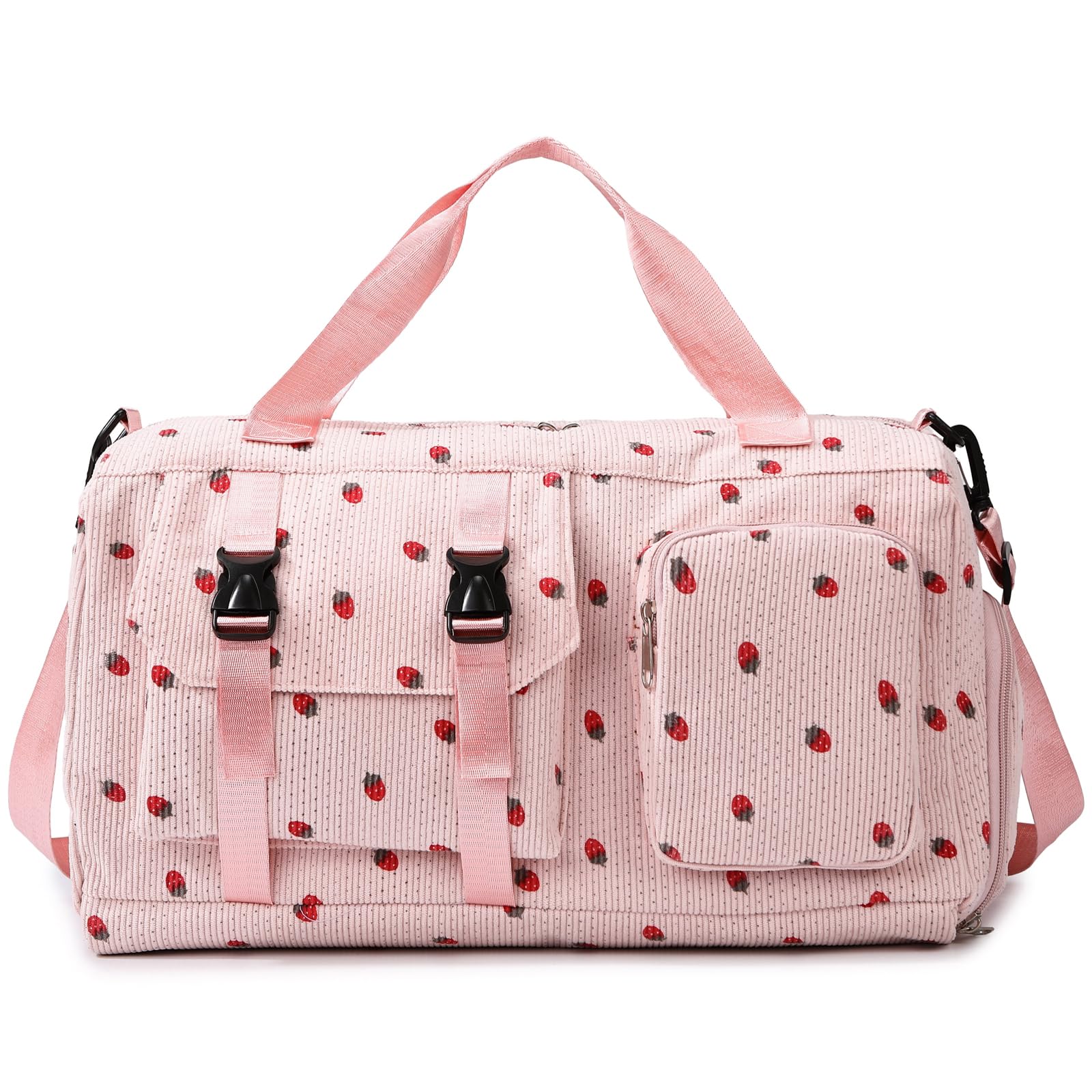 Waniki Sporttasche Kinder Mädchen Erdbeere Cord Reisetasche Damen Weekender Schwimmtasche mit Schuhfach und Nassfach Teenager Travel Bag Balletttasche für Reisen, Fitness, Sport, Gymnastik, Schule - 2