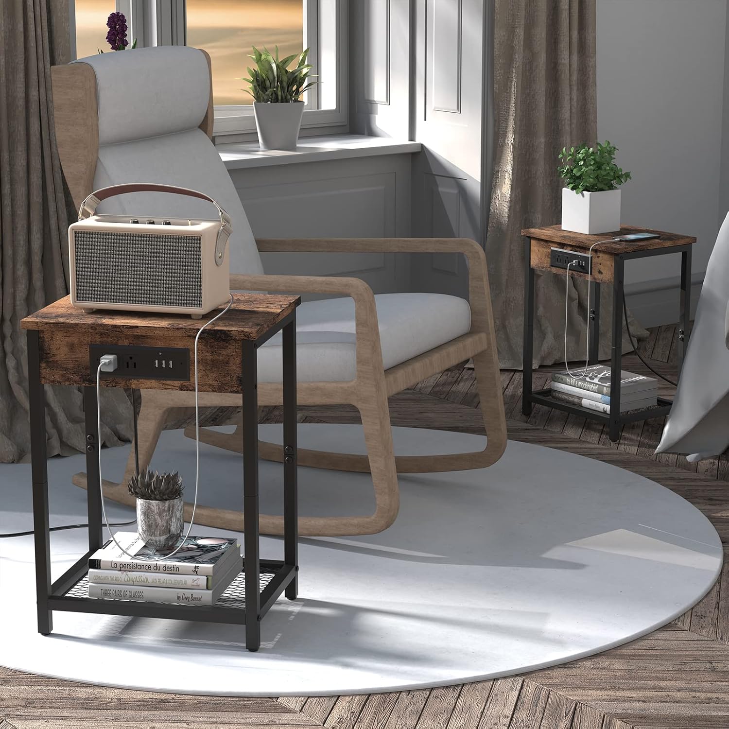 CADUKE Nightstand Set of 2, Bedside Table with Charging Station for Bedroom, Industrial Side End Table with USB Ports and Power Outlets for Farmhouse