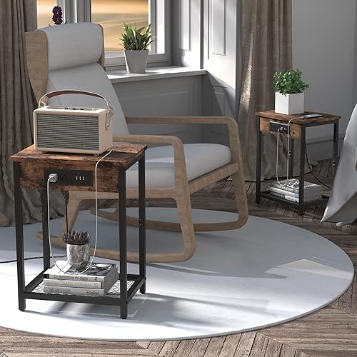Miniatura 2 de CADUKE Juego de 2 mesitas de noche, mesita de noche con estación de carga para dormitorio, mesa auxiliar industrial con puertos USB y tomas de café
