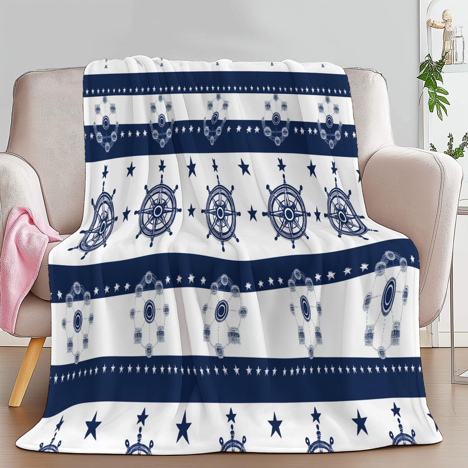 Flanelowy koc paski żeglarskie Symbole morskie 150 x 200 cm Koce polarowe z mikrofibry na wszystkie pory roku na podróż Sofa do podróży Łóżko Sofa Dzieci Dorośli, Biały