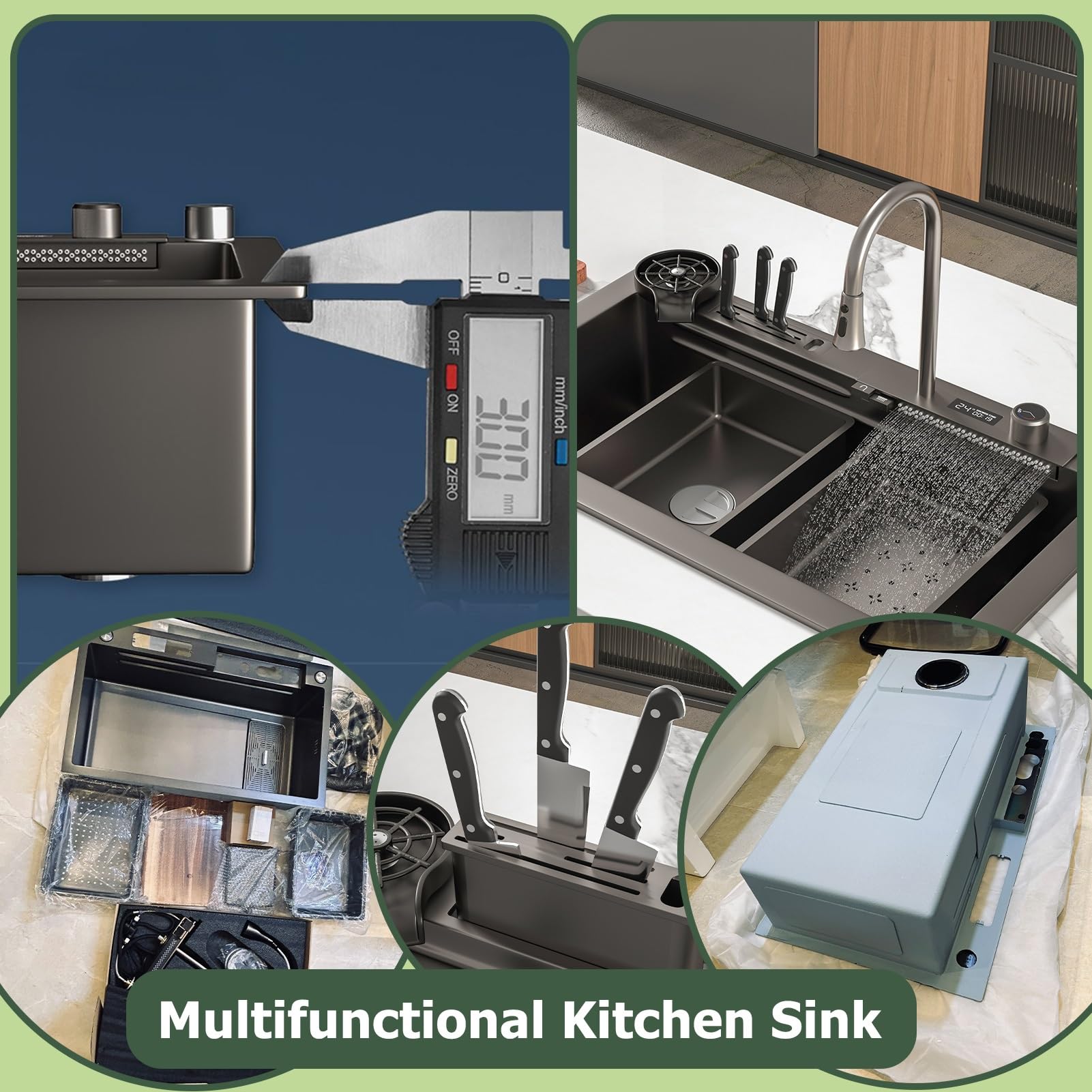 Stainless Steel Waterfall Kitchen Sink Set, Single Bowl Workstation With Digital Display Pull-Out Faucet, Cup Washer, 13-Piece Accessory Kit, Kitchen Sink With Water-saving Features(Black-Grey,75x46cm