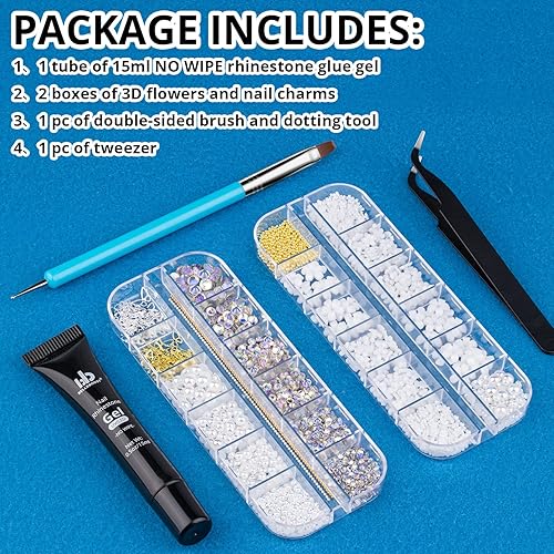 Miniatura 2 de Kit de accesorios de pegamento de diamantes de imitación para arte de uñas, 2 cajas de dijes 3D, 1 pieza de pegamento de diamantes de imitación de