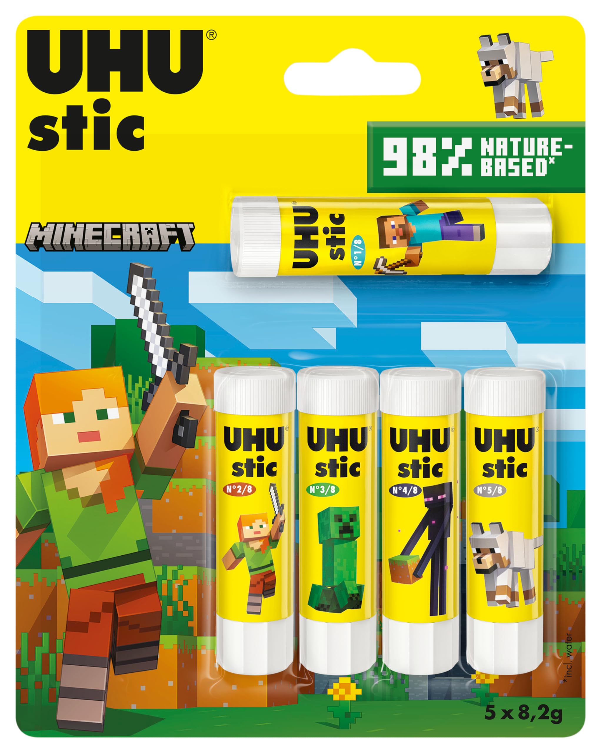 UHU Stic Minecraft Limited Edition Collezionabili, Colla Stick per la Scuola Adatta ai Bambini, Senza Solventi, Colla Sicura per i Lavoretti, Box Composta da 5 Stick da 8.2g