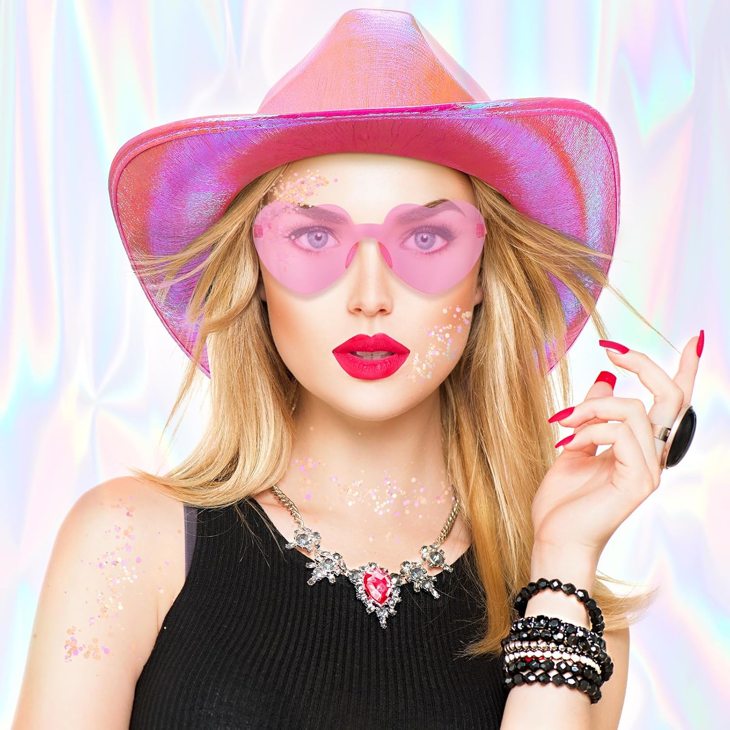 Coume 23 Pcs Cowboy Light up Hat Bulk Sparkly Holographic Hats with Heart Sunglasses for Women Costume Western Party - Image 5