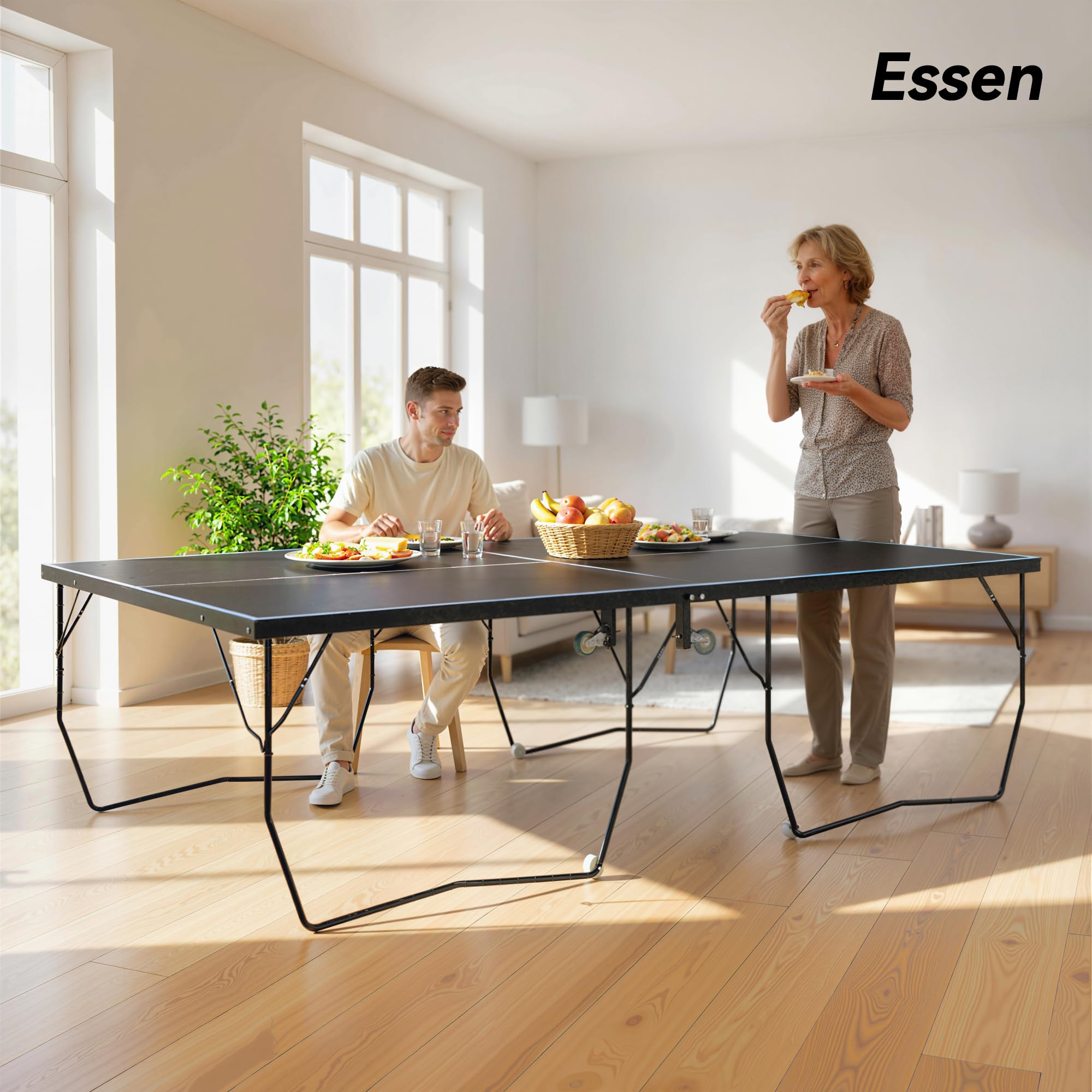 SPORTNOW Tischtennisplatte, Große Tischtennistsich mit klappbares Untergestell Netz, Rollen, 2 Tischtennisschlägern 3 Bällen, Schneller Aufbau, Stahl, Schwarz, 274 x 152,5 x 76 cm