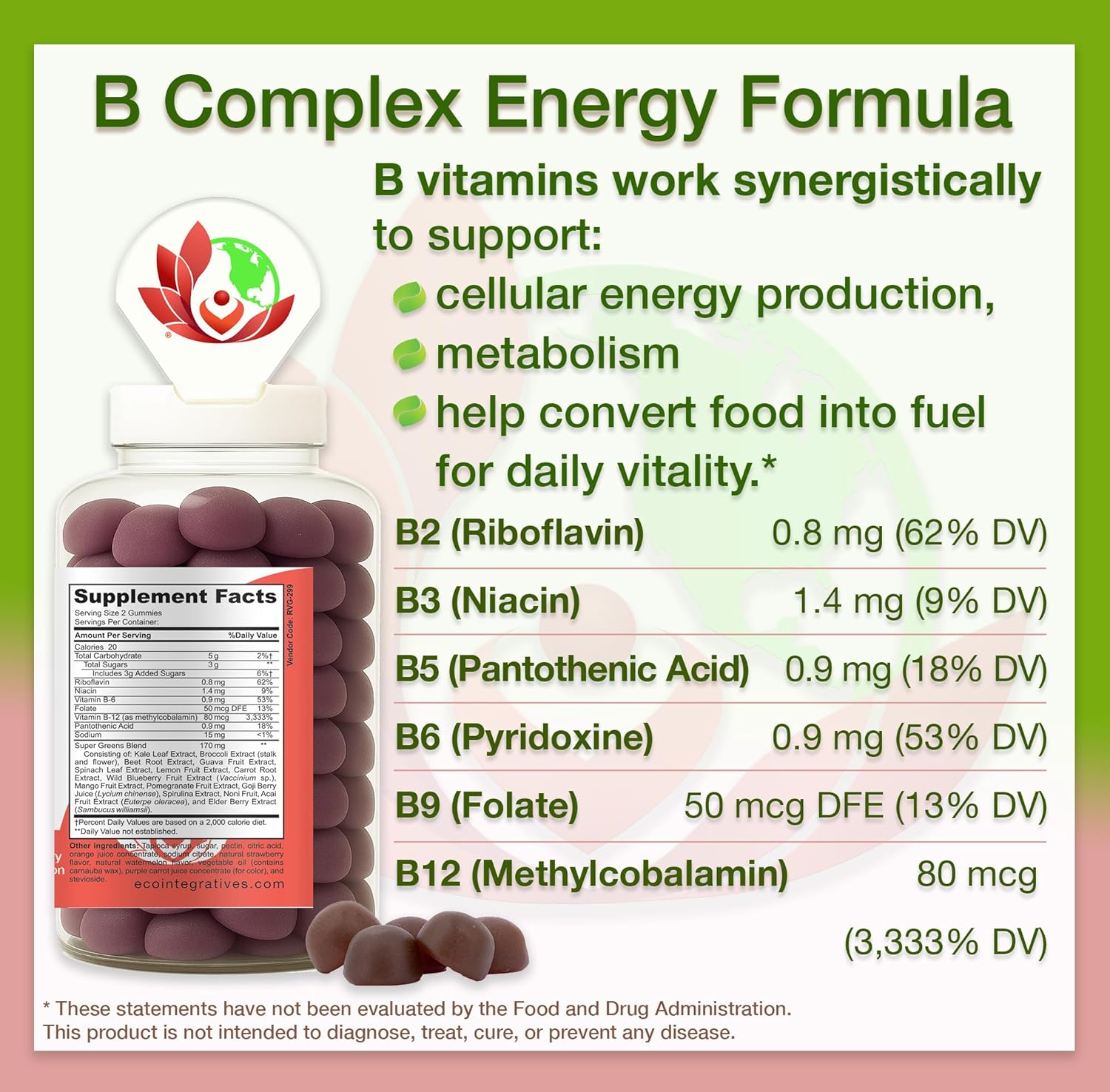 B Complex Gummies + Superfruits + Supergreens – Energy, Vitality & Immune Support – with B2, B3, B5, B6, B9 Folate & High Potency B12 – Rich in Antioxidants – Vegan, Gluten Free, Non-GMO – 60 Gummies