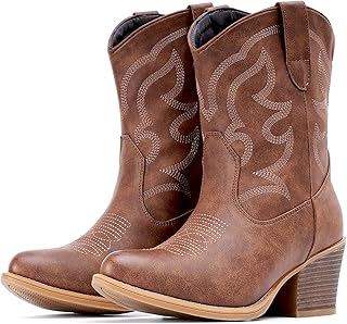 IXU Cowboy Boots for Women Wide Suede Ankle Western Cowgirl Boots Mid Calf Pointed