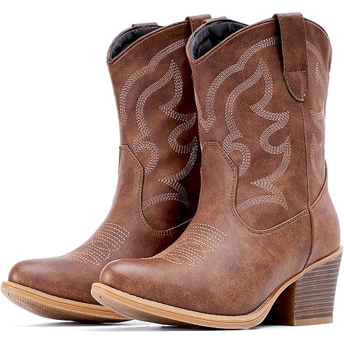 IXU Cowboy Boots for Women Wide Suede Ankle Western Cowgirl Boots Mid Calf Pointed Toe Short Chunky Classic Booties
