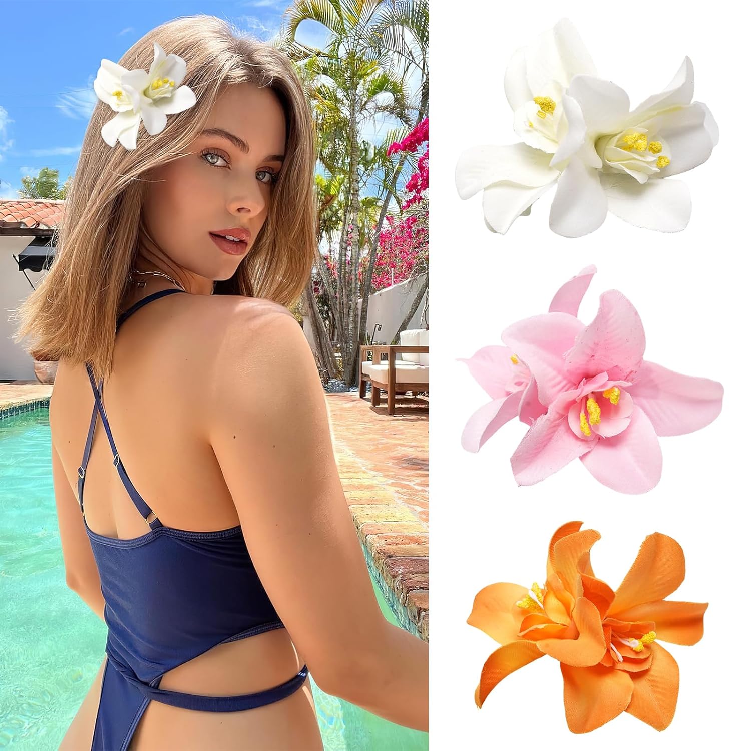 3 Pcs Bohemian Hawaiian Flower Hair Clips Artificial Orchid Hair Clip Hair Accessories for Wedding Bridal Beach Party