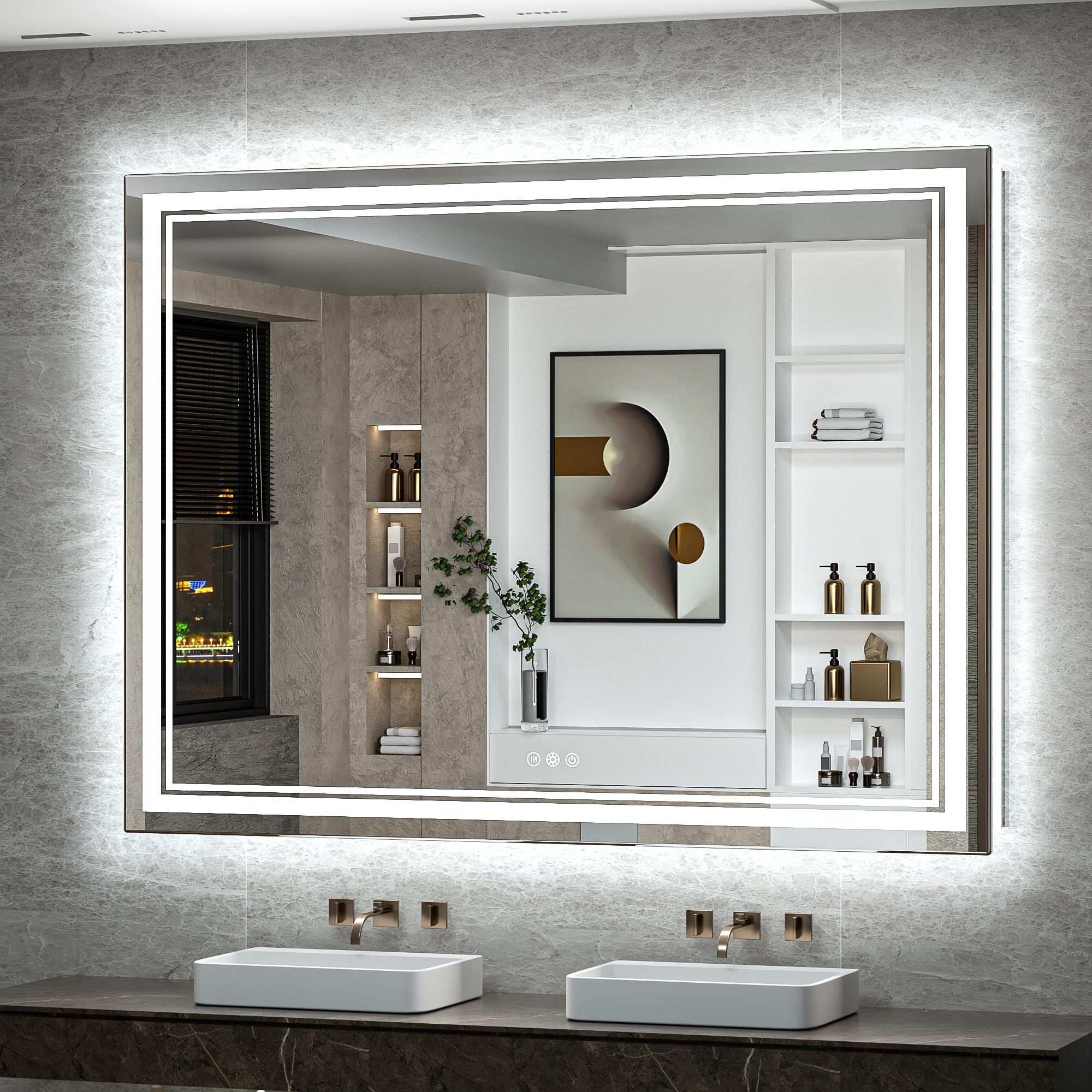 TokeShimi 48x40 Inch Bathroom LED Mirror Front Lighted Backlit Vanity Mirror, Frameless Large Bathroom Mirror with LED Lights, Anti-Fog, 3 Colors, Double Lights, CRI90+, Stepless Dimmable, Memory