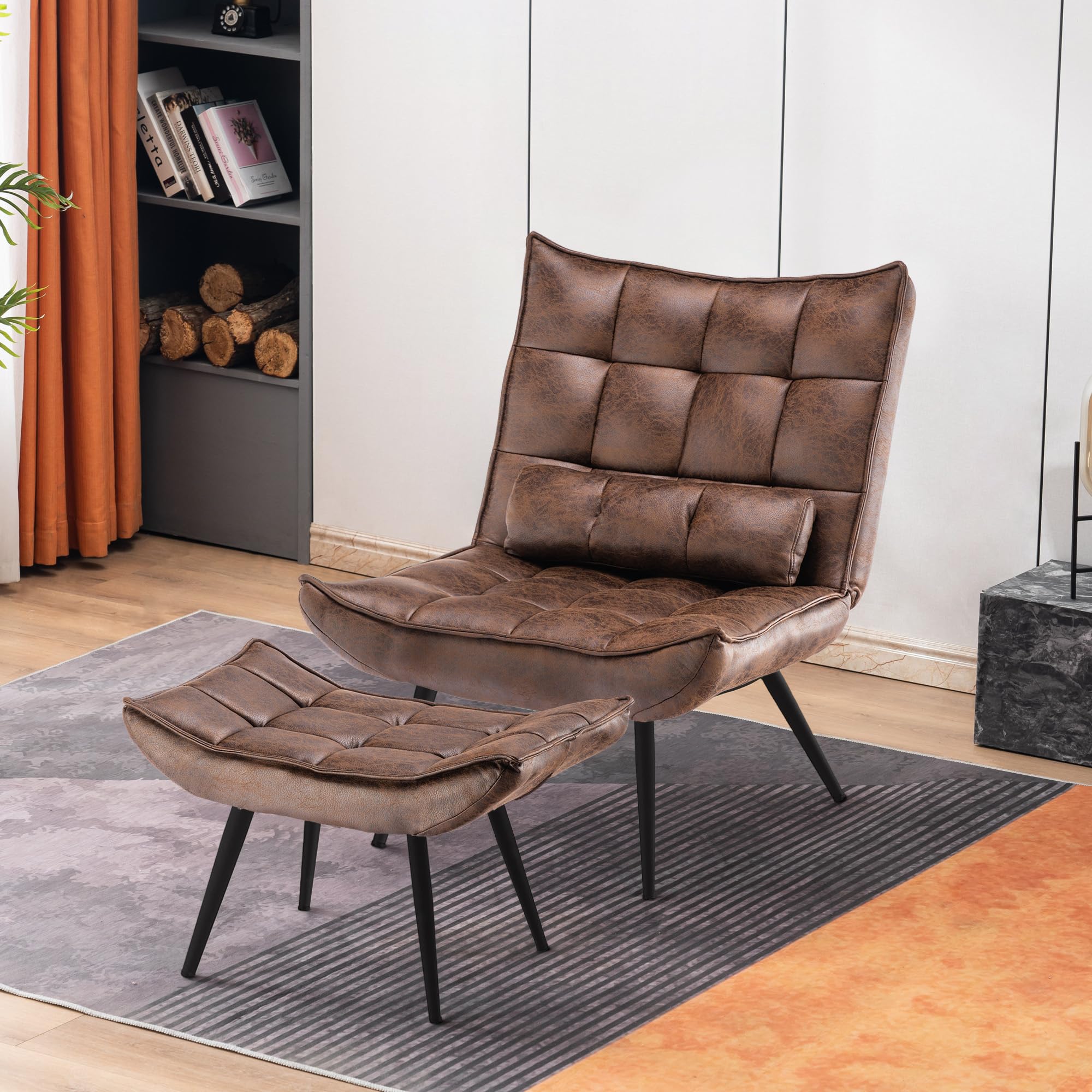 MCombo 4779 - Poltrona con sgabello, moderna, rilassante, con cuscino in vita, per il soggiorno, salotto poltrona da lettura retrò, vintage, imbottita, tessuto in microfibra, marrone