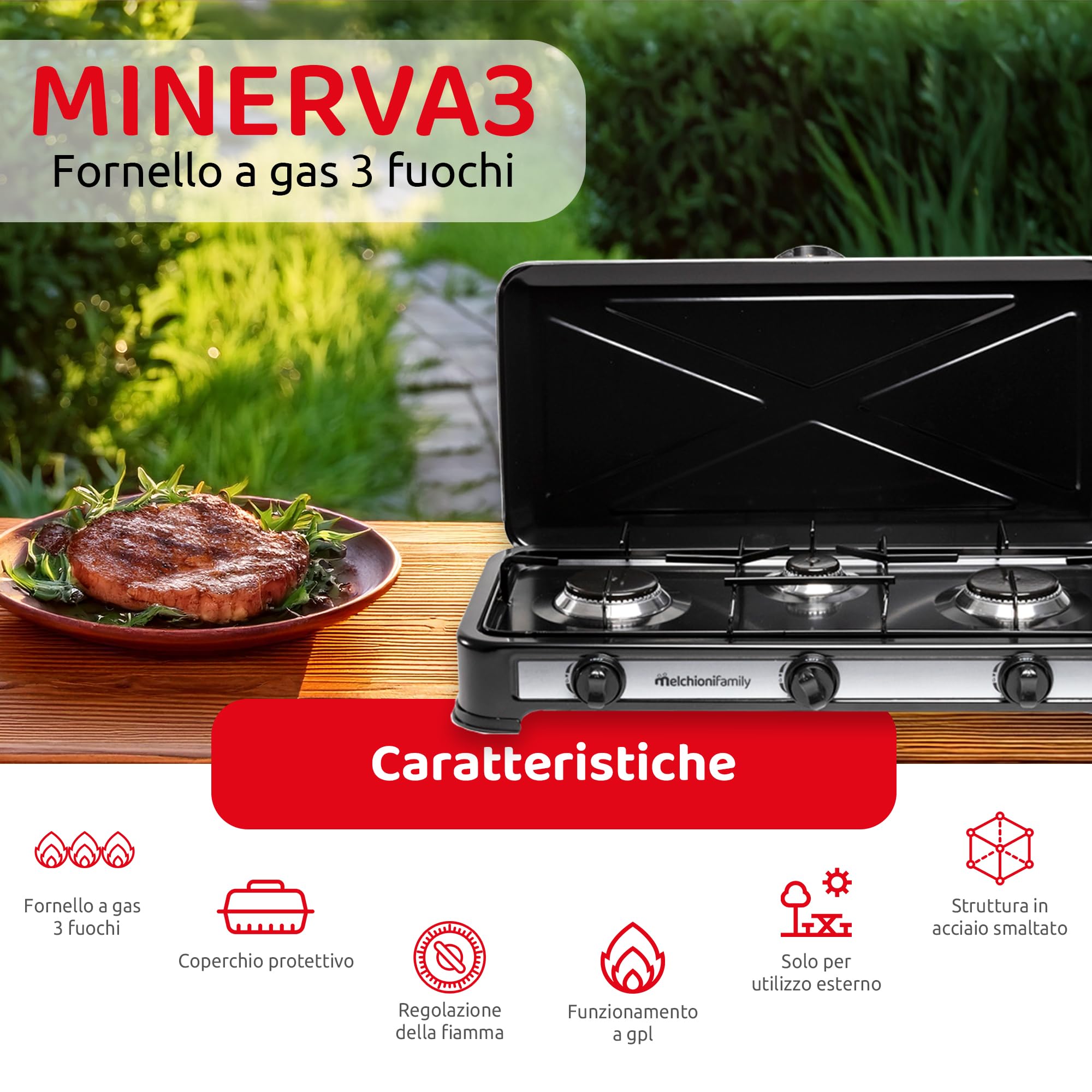 Melchioni Family |Fornello da Campeggio 3 Fuochi Nero MINERVA 3, Gas GPL, Coperchio Protettivo, Griglia e Fuochi Removibili, Struttura in Acciaio Smaltato