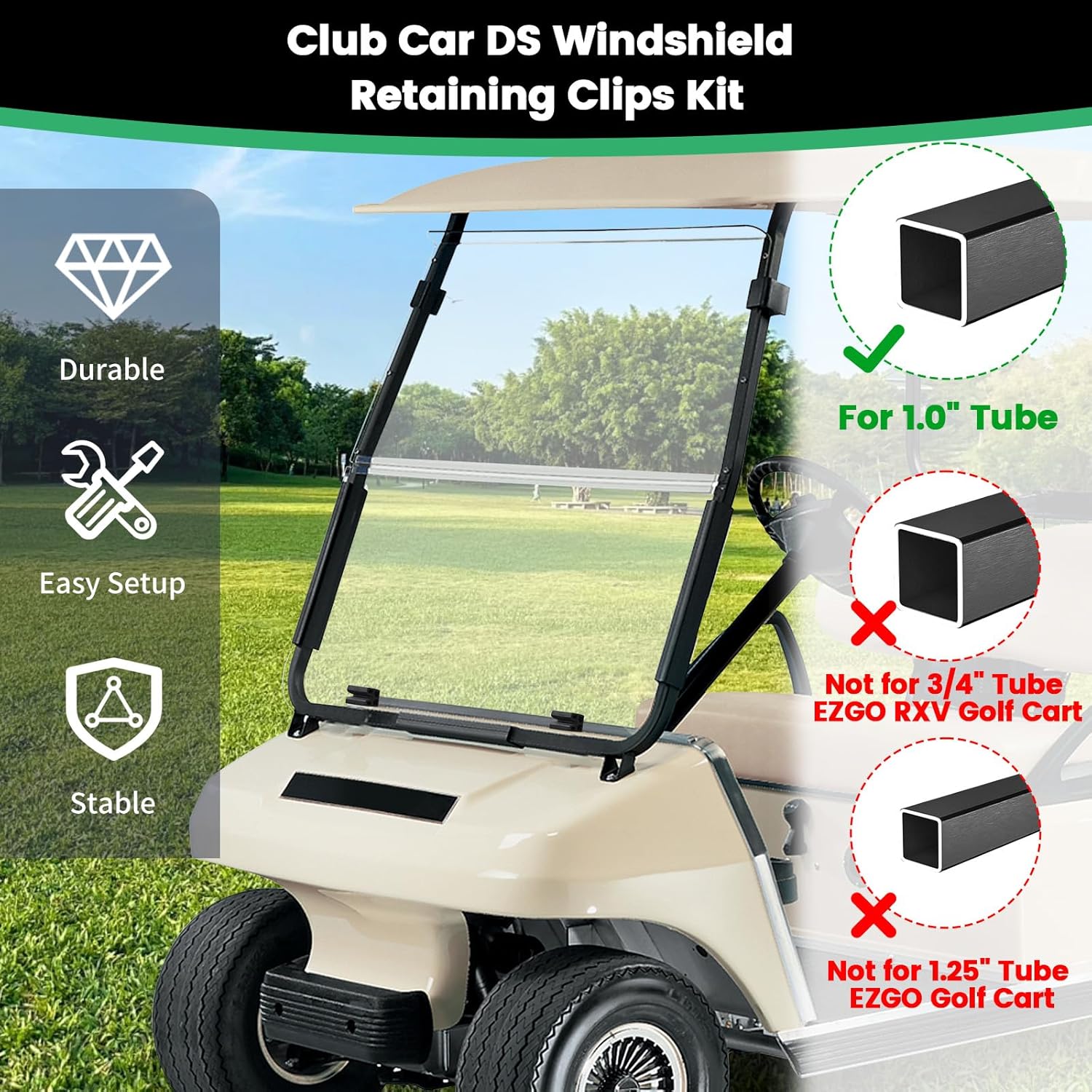 iLSKW Golf Cart Windshield Retaining Clips Kit for Club Car DS (2000.5 to Present) Fit 1"x1" Tube Include Windshield Sash Clips, Windshield Retaining Clips, Windshield Bottom Kit