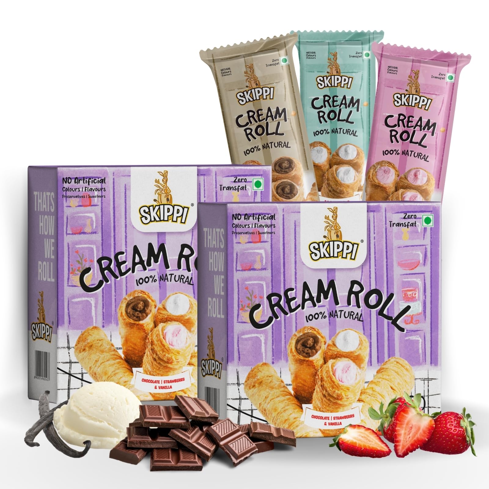Skippi Sweet Cream Roll - Snacks for Kids | Akin & Swiss Roll | 2 Assorted Boxes of 6 (180g x 2), 2 Vanilla, 2 Chocolate & 2 Strawberry Flavor, Pack of 2-image-33