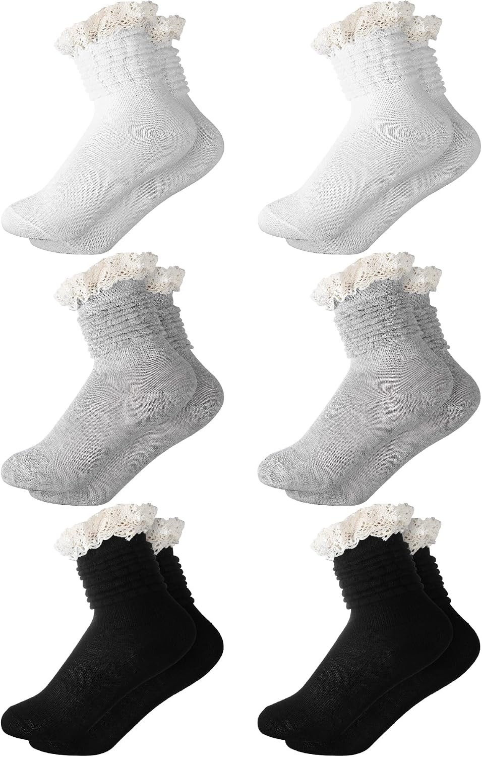 Fourluoo 6 Pairs Girls Slouch Socks with Lace Trim Cotton Knit Scrunch Stacked Boots ruffle Socks for Girls Kids