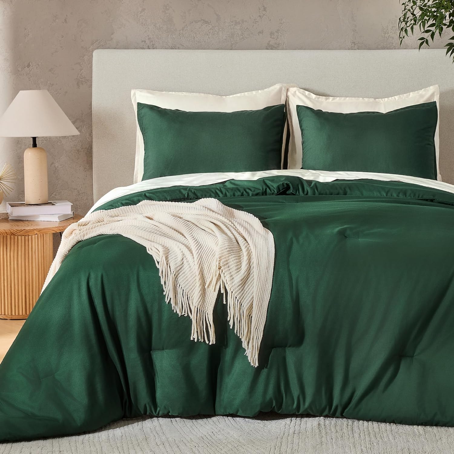 Andency Dark Emerald Green California King Comforter Set, 3 Pieces Cal King Lightweight Soft Boho Solid Bed Set, Oversized Fluffy Microfiber Bedding Set for Adults - Image 2
