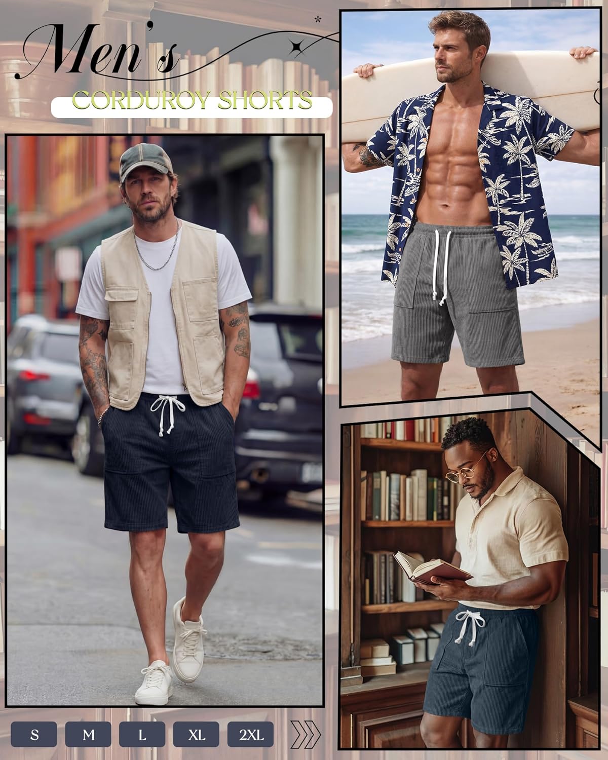 3 Pack Men's Shorts 7 Inch Corduroy Baggy Sweatshorts Casual Loose Elastic Drawstring Pocket Lightweight Shorts - Image 4