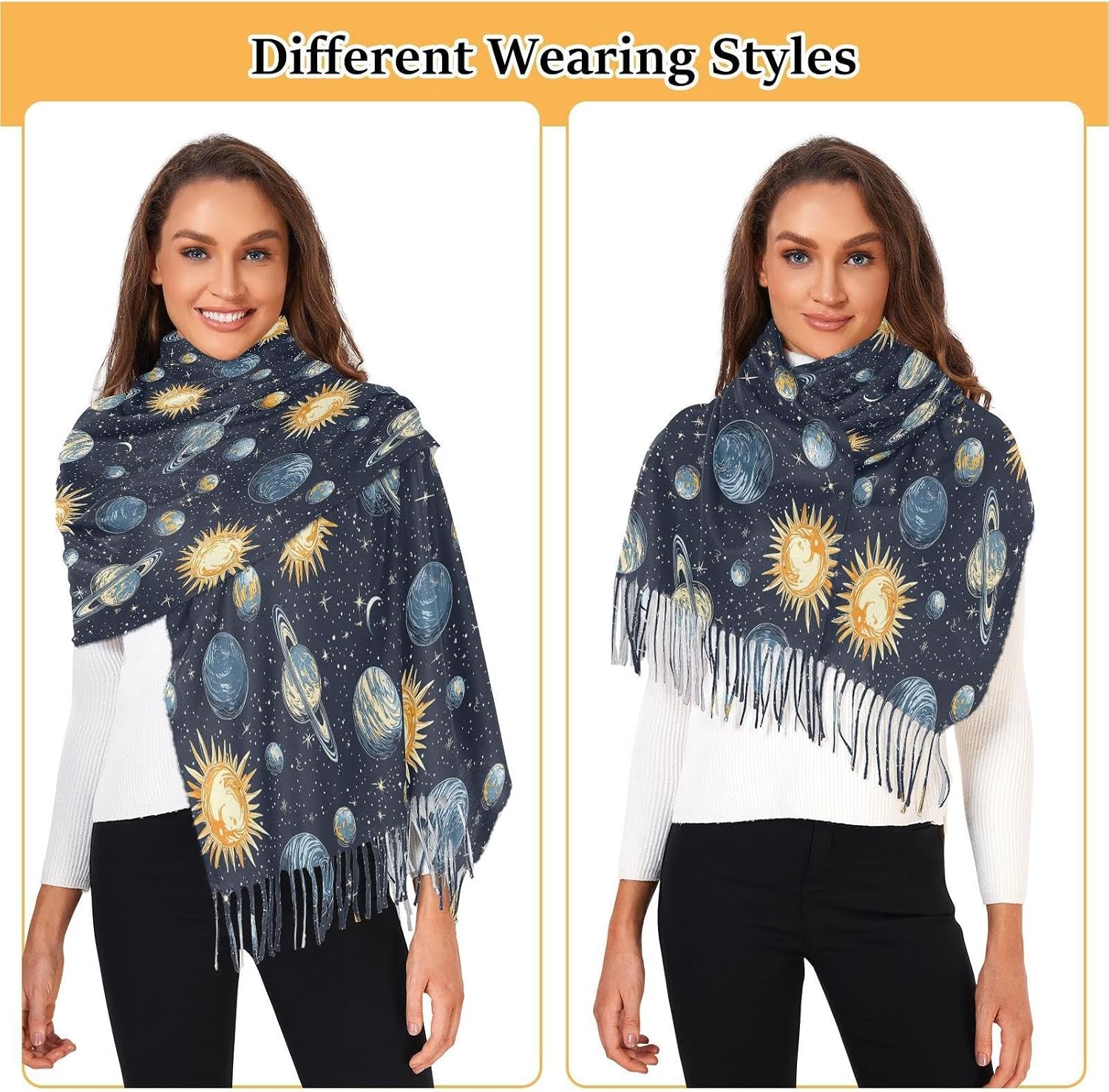 Winter Scarf for Women Planets Universe Fashion Tassel Shawl Wraps for Women, Cold Weather Warm Womens Scarves Soft Long Scarf Gifts