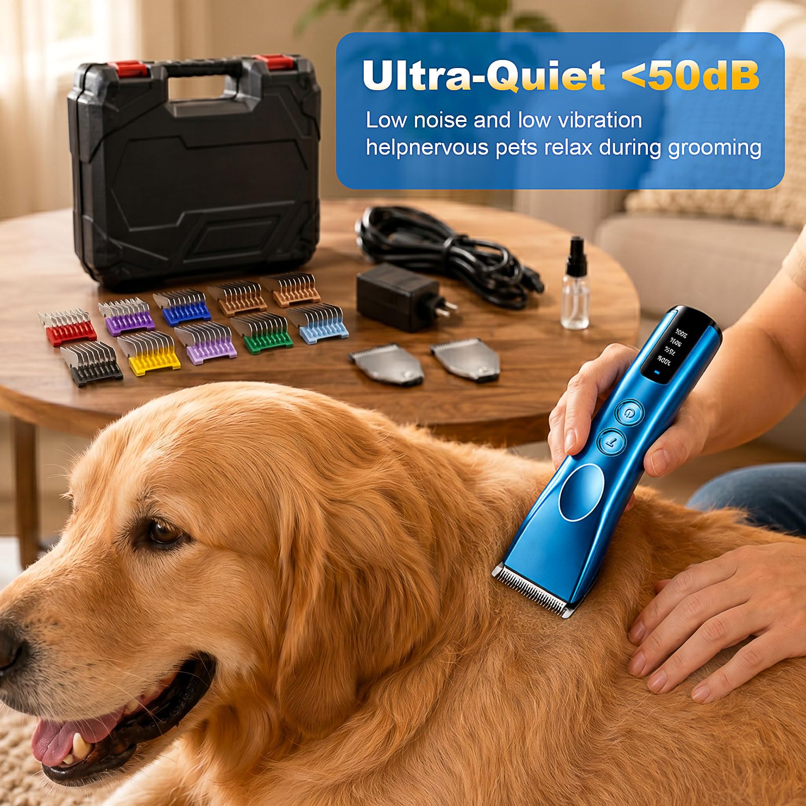Tosatrice professionale per cani, kit per toelettatura animali domestici a 2 velocità, resistente, con 2 lame staccabili, 8 pettini in metallo, silenzioso, senza fili, per tutti i cappotti