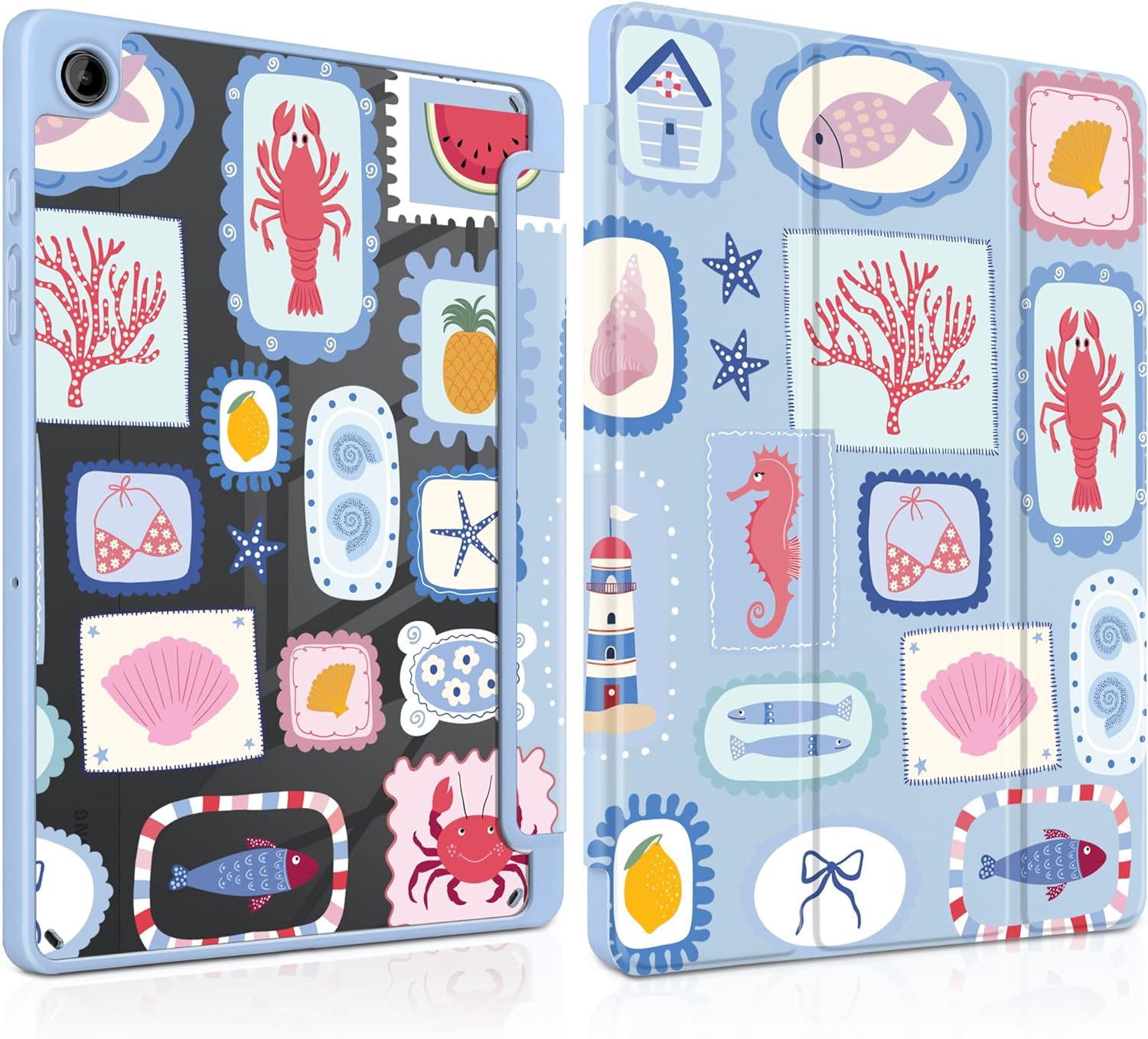 MEEgoodo Case for Samsung Galaxy Tab A9 Plus 11 inch Cover 2024 2023 with S Pen Holder, Tablet Case with Transparent Acrylic Back Shell + Trifold Stand + Auto Wake/Sleep, Marine Stamps Pattern