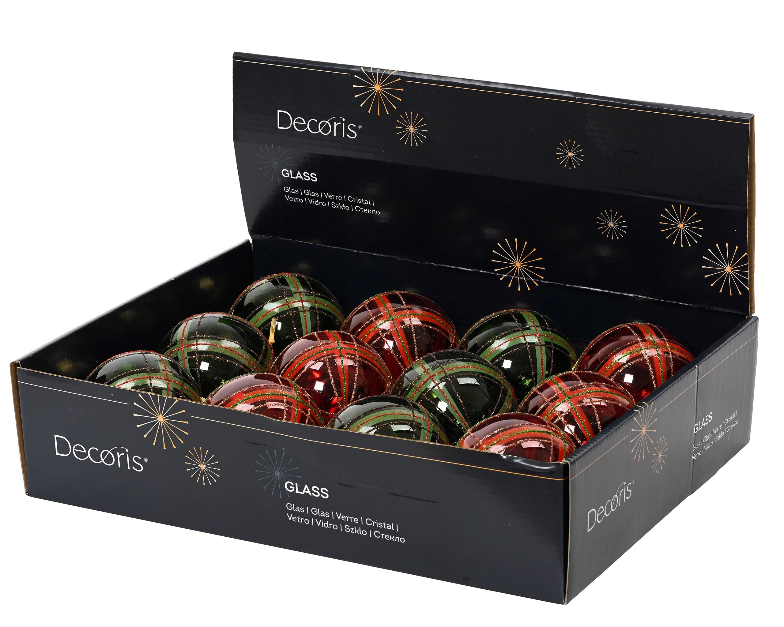 Bolas de Navidad de cristal, 8 cm x 12 unidades, con diseño de cuadros, color rojo, verde oscuro y dorado