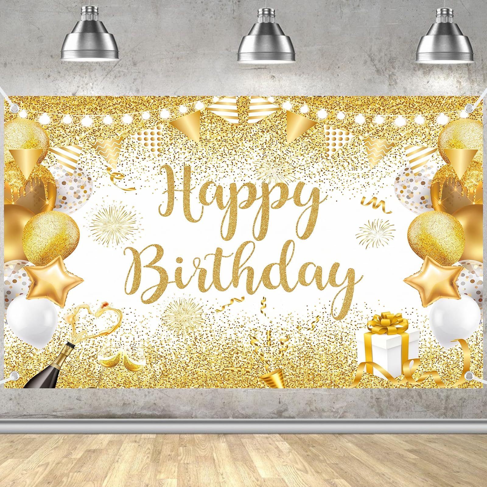 HotoPink Happy Birthday Backdrop Banner Gold Photo Booth Decor Banner