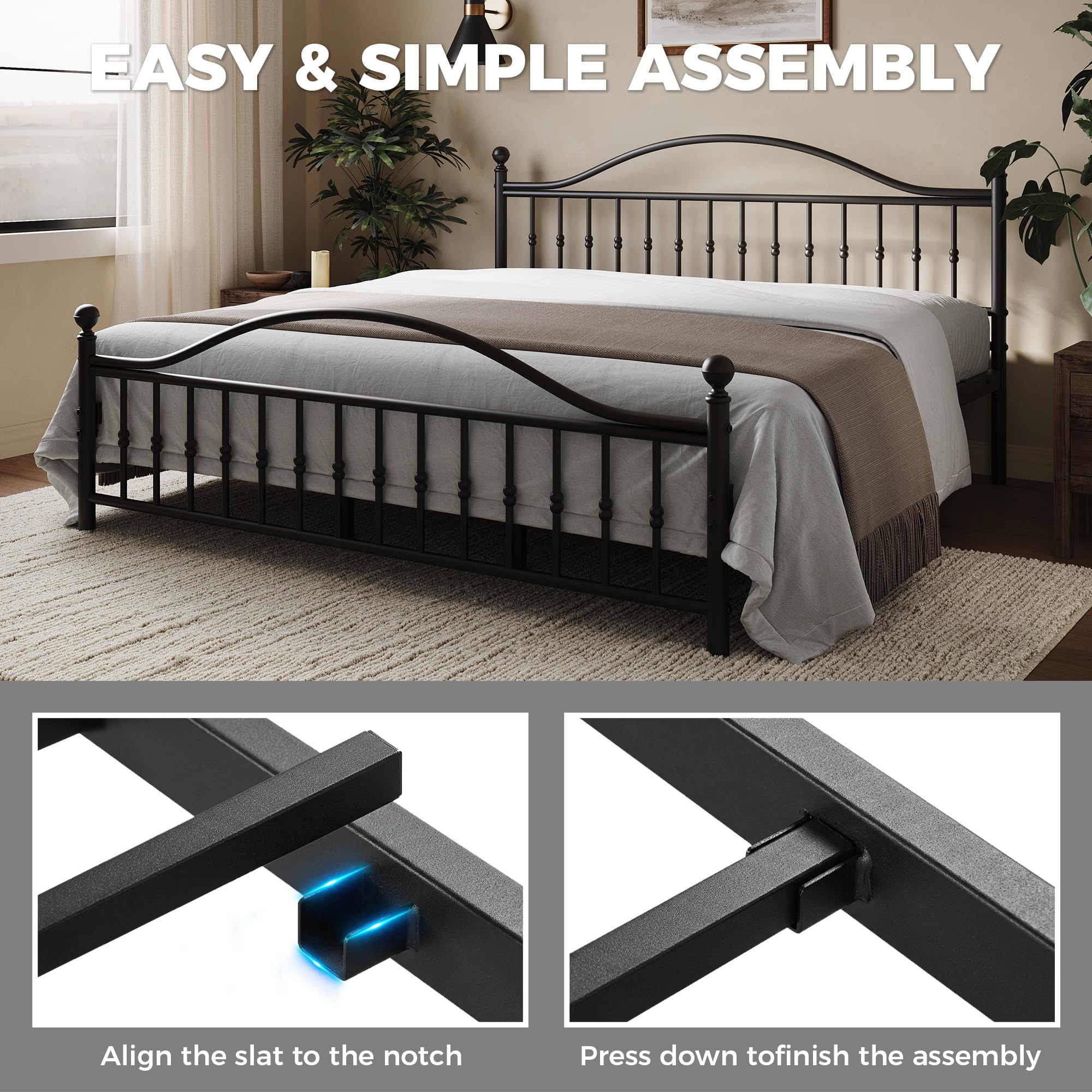 Classic Metal Bed Frame, King Bed Frame with Victorian Vintage headboard, Footboard and Under Bed Storage,Easy Assembly, No Box Spring Needed, 12.6 Inch, Black - 5