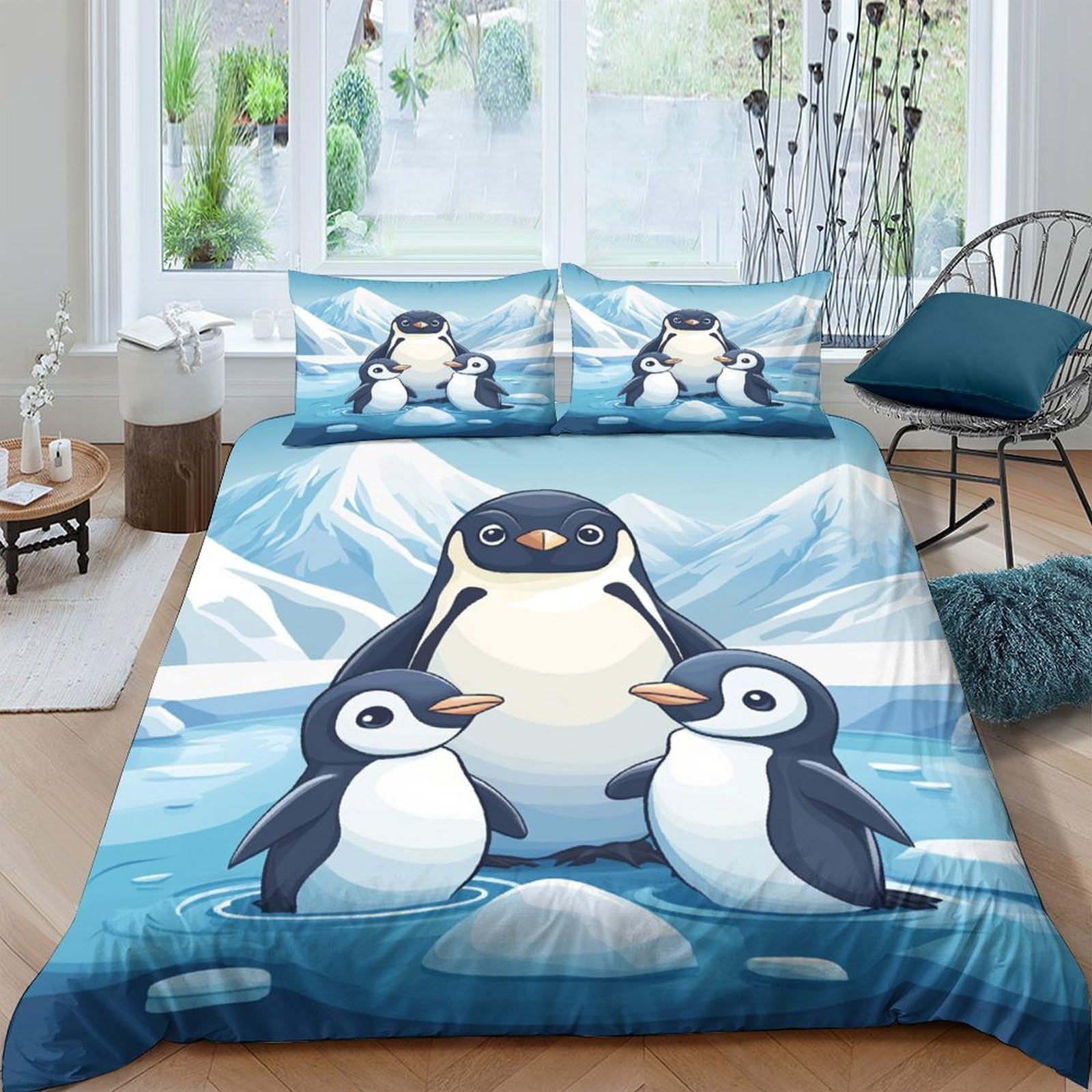 Ctjqhvkz Style-2 3D Printed Penguin Family Fitted Sheet Microfiber Soft Blue Iceberg Mattress Cover For Bedroom Dorm Home Decor Single（135X200cm）