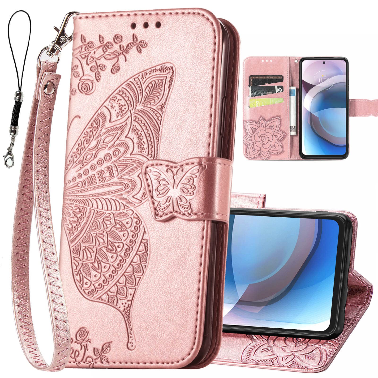 KRHGEIK for Motorola One 5G Ace Phone Wallet Case,Women Butterfly Embossed PU Leather Kickstand Card Slots Wrist Strap Flip Cover for Motorola Moto One 5G Ace 6.7