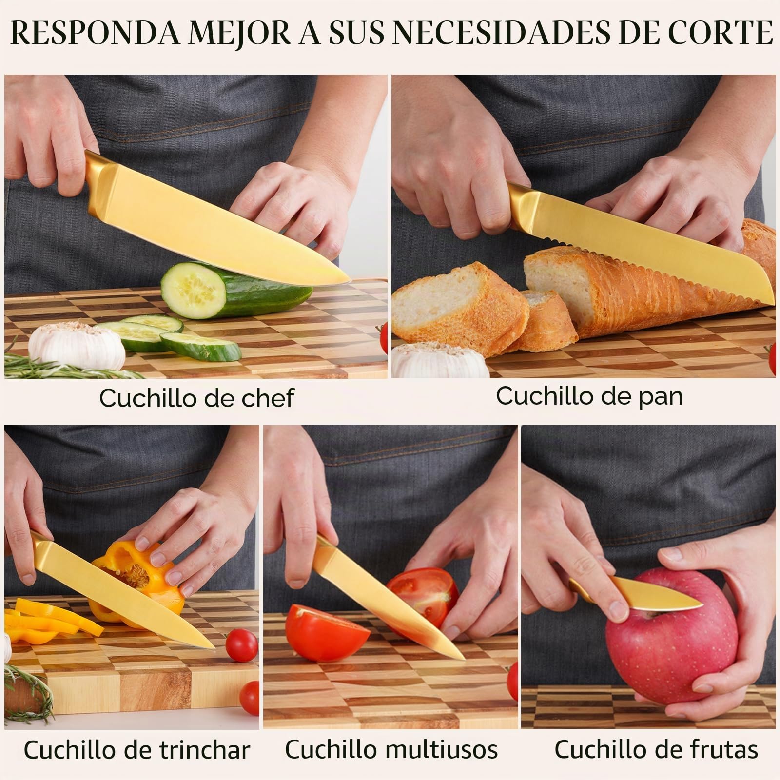 Juego de cuchillos de cocina, 6 cuchillos de acero inoxidable rosa con bloque, bloque de cuchillos ultra afilado con mango cómodo, cuchillo de chef para la cocina casera (blanco)
