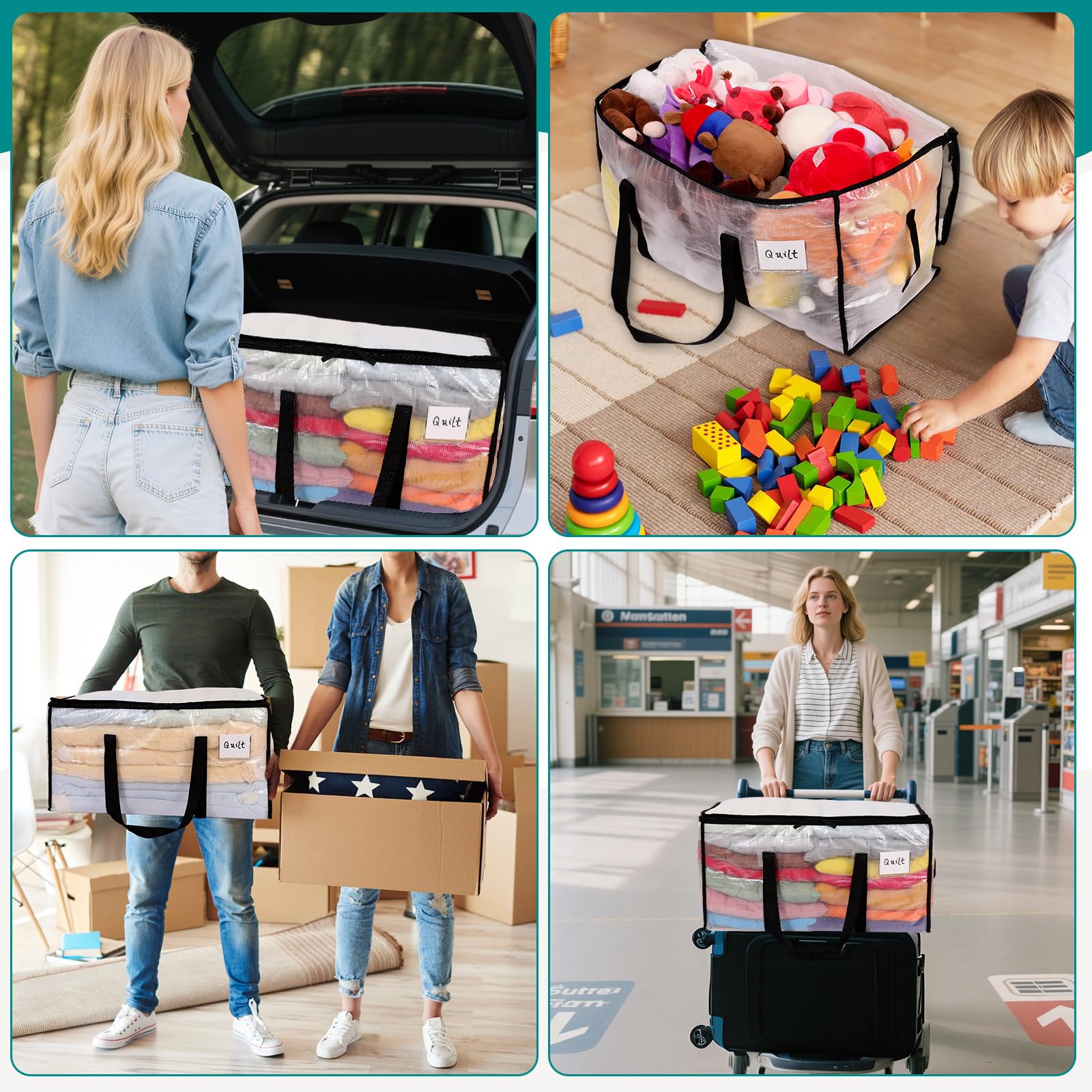 Dntorx 10 unidades de 90 l grandes bolsas de almacenamiento con tapa, cajas de mudanza transparentes grandes con asa de cremallera, bolsas de mudanza para mudanzas, camping, ropa de cama