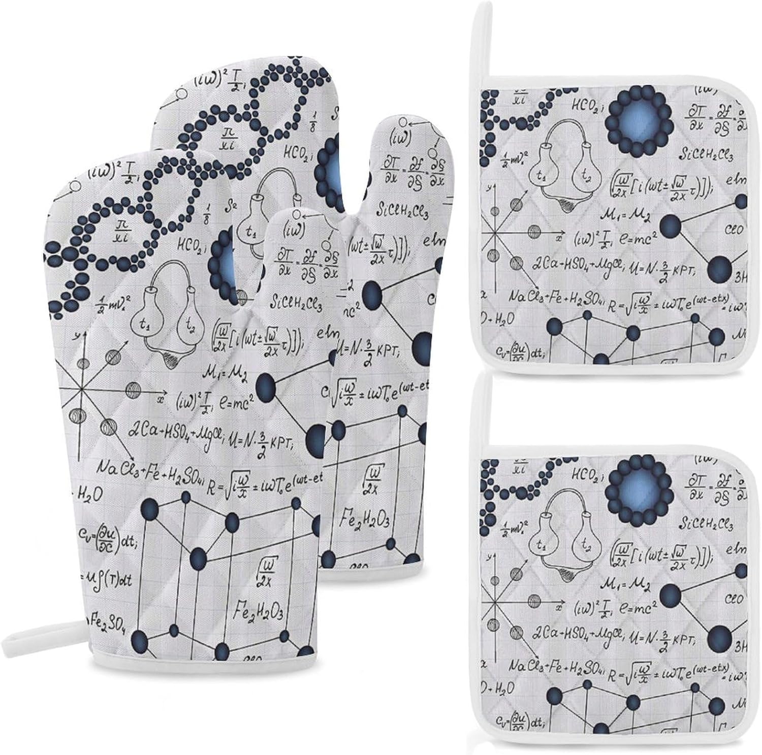 Chemical Formula Oven Mitts and Pot Holders 4Pcs Set Heat Resistant Cooking Mitts Hot Pads