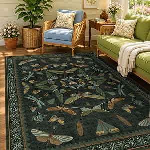Washable Boho Insect Rug for Entryway, Bathroom, Kitchen, Living Room, Bedroom, Butterfly Witchy Bug Floral Retro Indoor Décor with Multi Colors (Dark Green, 5' x 7' (Rectangular))