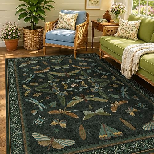 Dark Green Area Rugs 5x7 for Living Room - Fairy Fantasy Moss Rugs for Dining Room Table, Bedroom, Whimsical Insect Boho Moth Décor, Washable Non Skid Soft Carpet