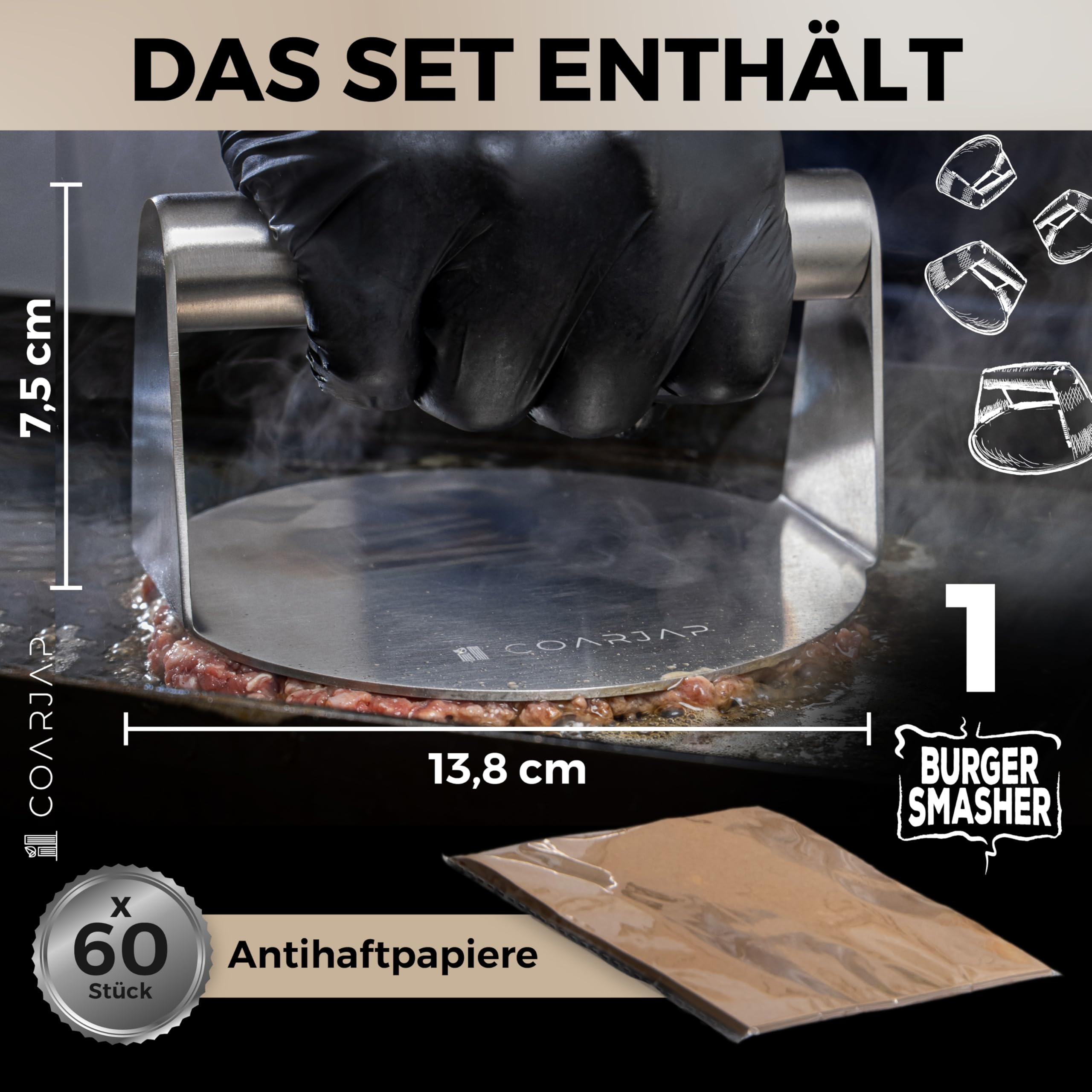 Burgerpresse Smash Burger - Burger Smasher Hamburgerpresse Edelstahl 304 – Smashed Burger Presse aus einem Stück – Inkl. 60 Burgerpapier & QR-Test lebensmittelecht – Spülmaschinenfest