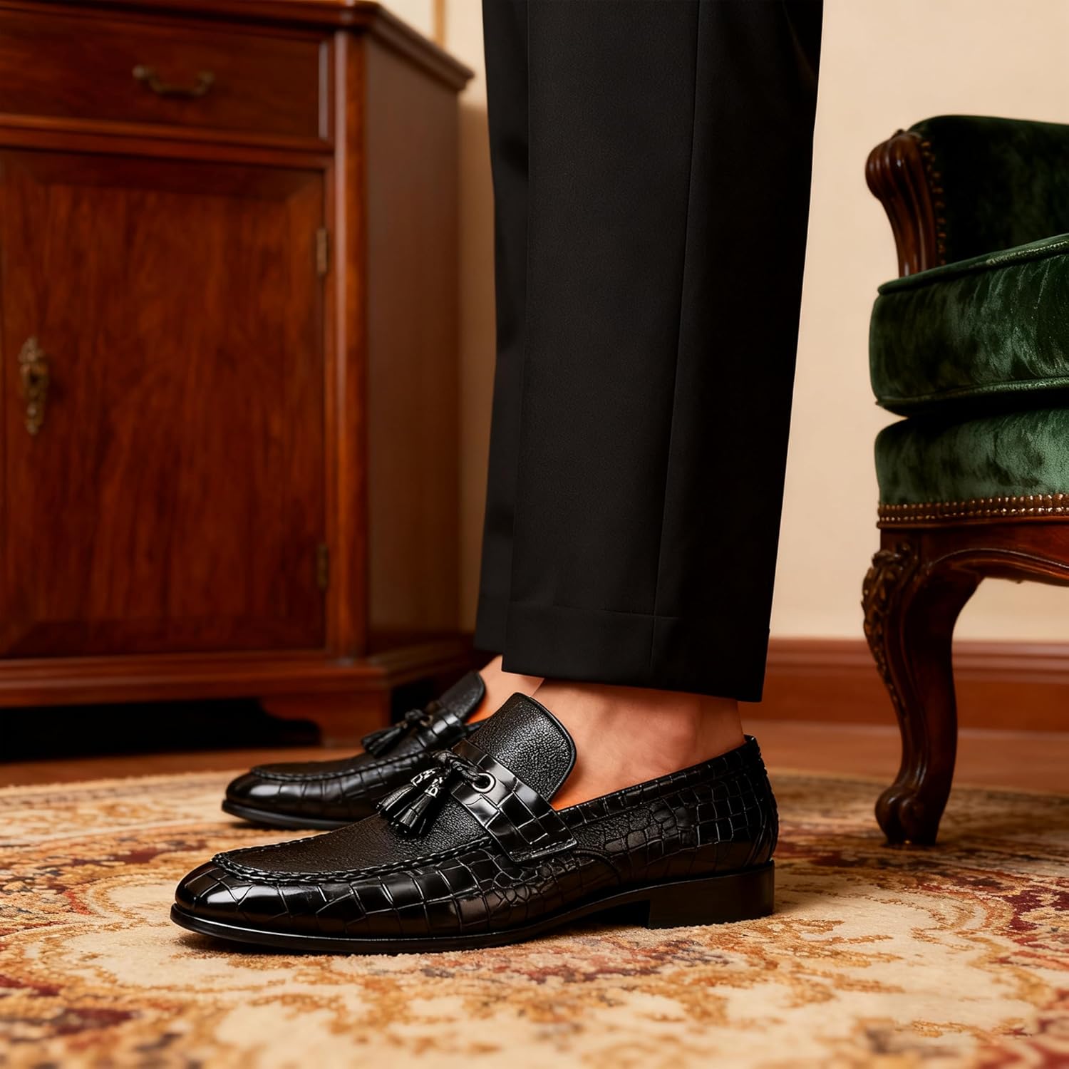 Men's Leather Tassel Loafers Classic Leather Crocodile Print Penny Loafers Formal Dress Shoes for Men Slip-On Driving Moccasins for Wedding & Party