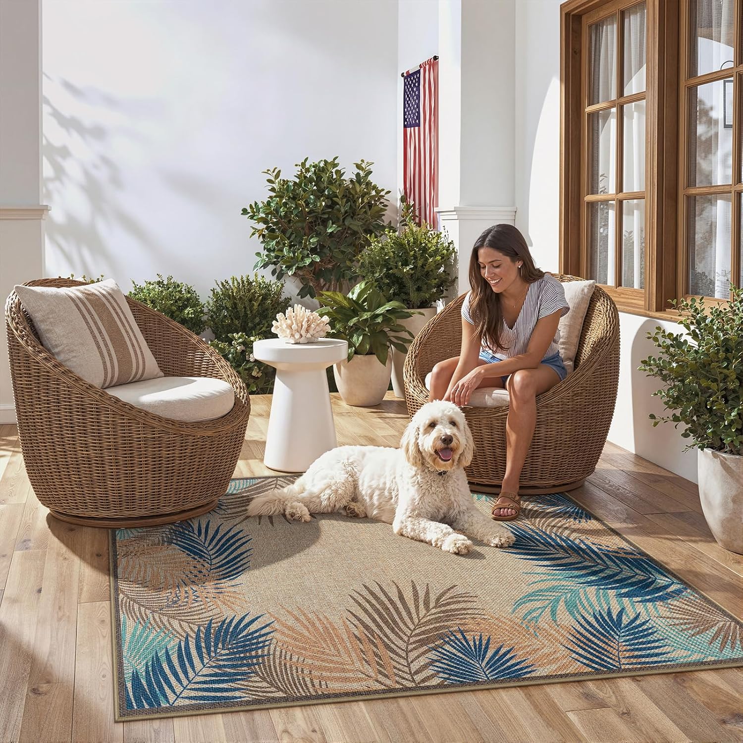 LIVEBOX Modern 3x5 Jute Outdoor Patio Rug, Washable Rugs for Entryway Porch, Tropical Leaf Boho Farmhouse Carpet, Non Slip Front Door Mat for Outdoor Indoor Entryway Guestroom Decor (Olive 3'x5')