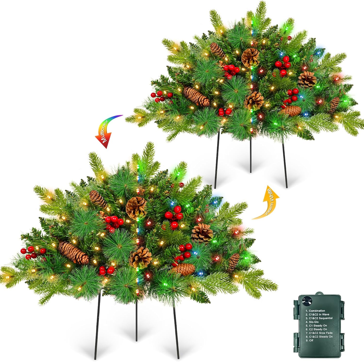 2 Pack 22" Christmas Tree Urn Fillers, Prelit 8 Mode Timer 40LED Lights with 3 Styles Branches Tripod Stake Pine Cones and Berry, Outdoor Christmas Trees Decor Classic