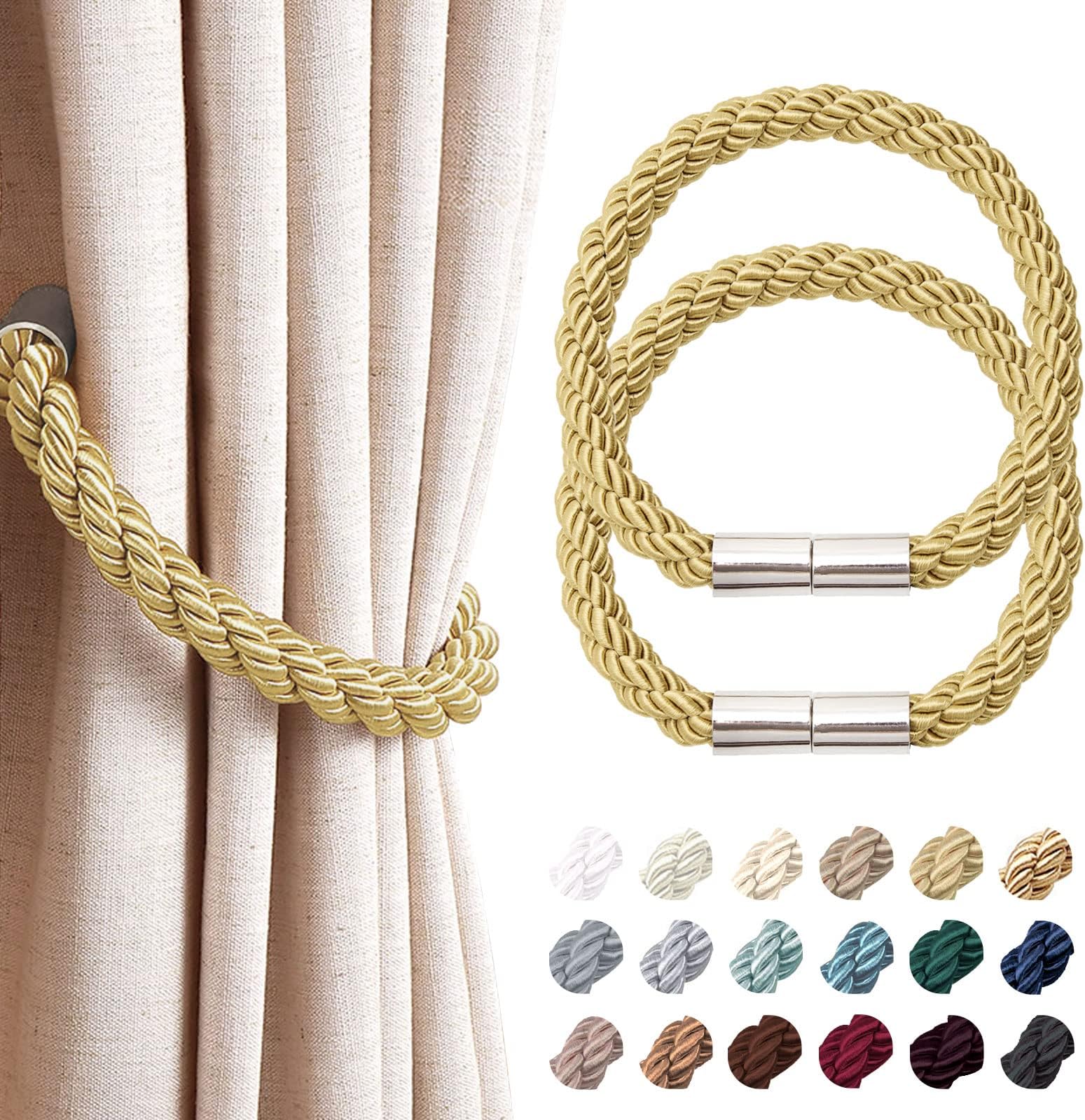 NICEEC 2 Pack Strong Magnetic Curtain Tiebacks Modern Simple Style Drape Tie Backs Convenient Decorative Weave Rope Curtain Holdbacks for Thin or Thick Home & Office Window Draperies (Gold)