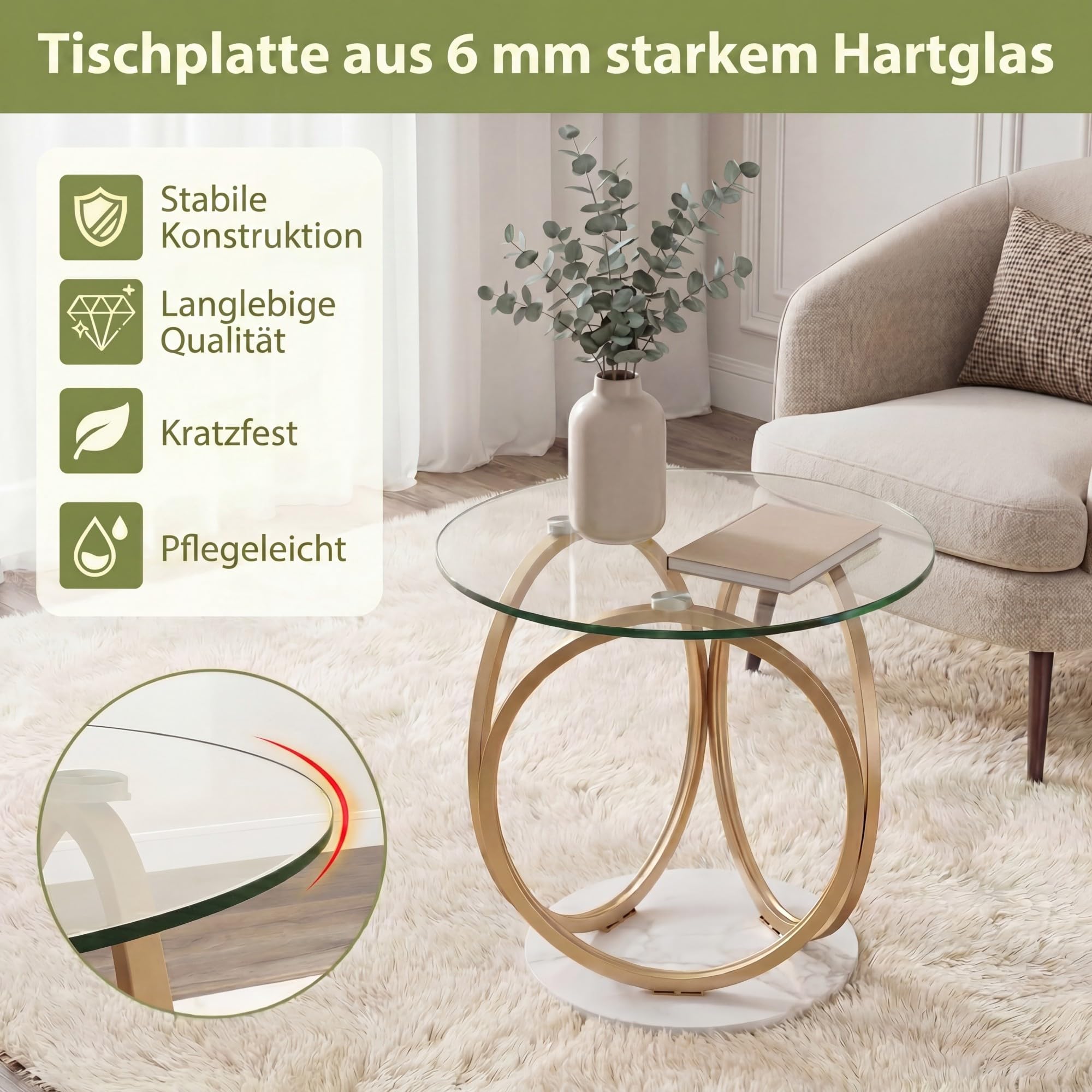 SOARS Runder Couchtisch aus Glas mit 2 Ablagen und goldenem Metallgestell
