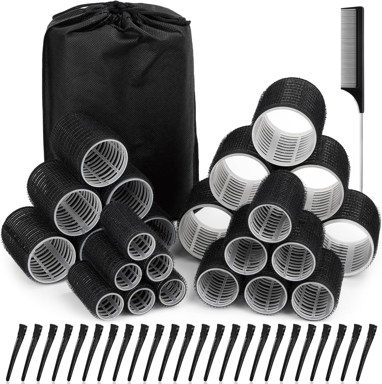 50 Pcs Rollers Hair Curlers Set with 24Pcs Self Grip Hair Rollers 4 Sizes and 24 Pcs Clips for Blowout Look Long Medium Short Thick Hair Volume