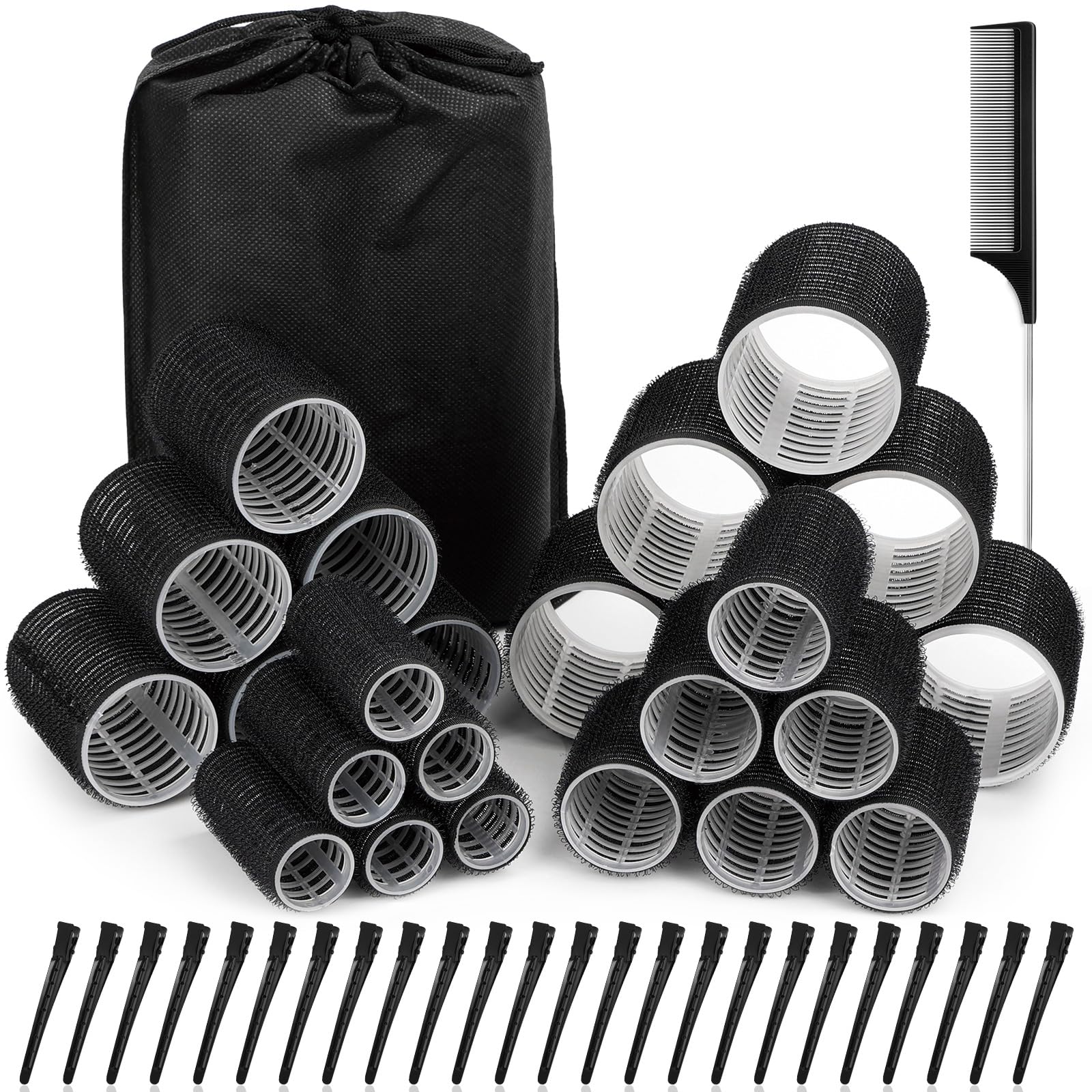 50 Pcs Rollers Hair Curlers Set with 24Pcs Self Grip Hair Rollers 4 Sizes and 24 Pcs Clips for Blowout Look Long Medium Short Thick Hair Volume
