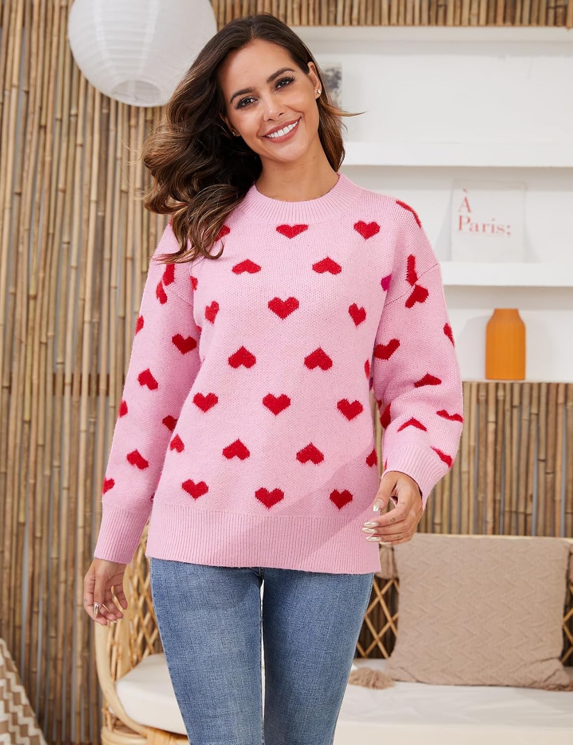 Gihuo Valentine Heart Sweater for Women Cute Kawaii Casual Crewneck Knitted Pullover