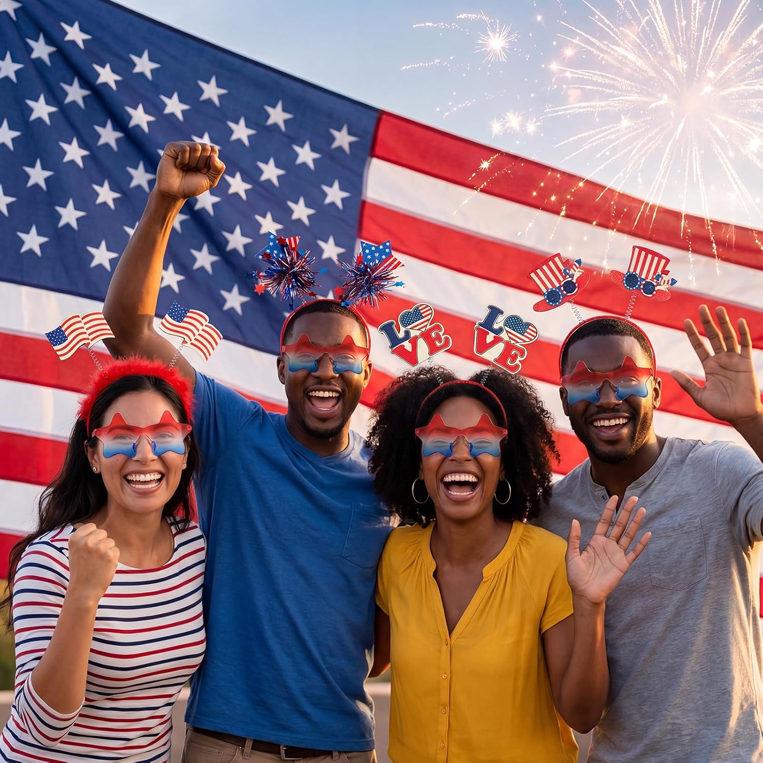 48 Pack 4th of July Headbands and Glasses 4th of July Accessories Patriotic Party Favor Accessories Red White Blue USA Flag Star Flag Outfit Sunglasses Bulk for Independence Day Party Supply