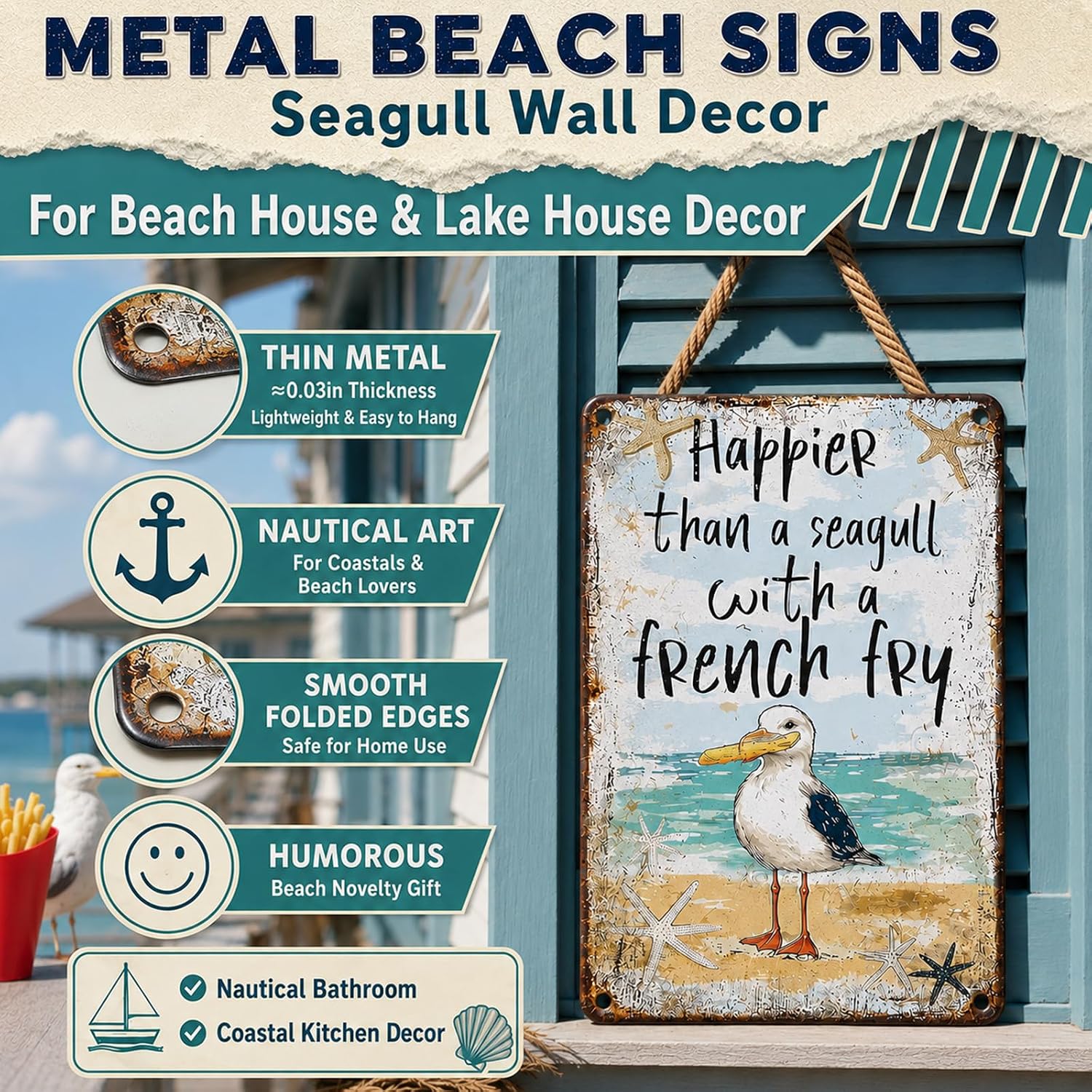 Seagull Wall Decor French Fry Sign Beach House Decor 8x12 Inch image 3