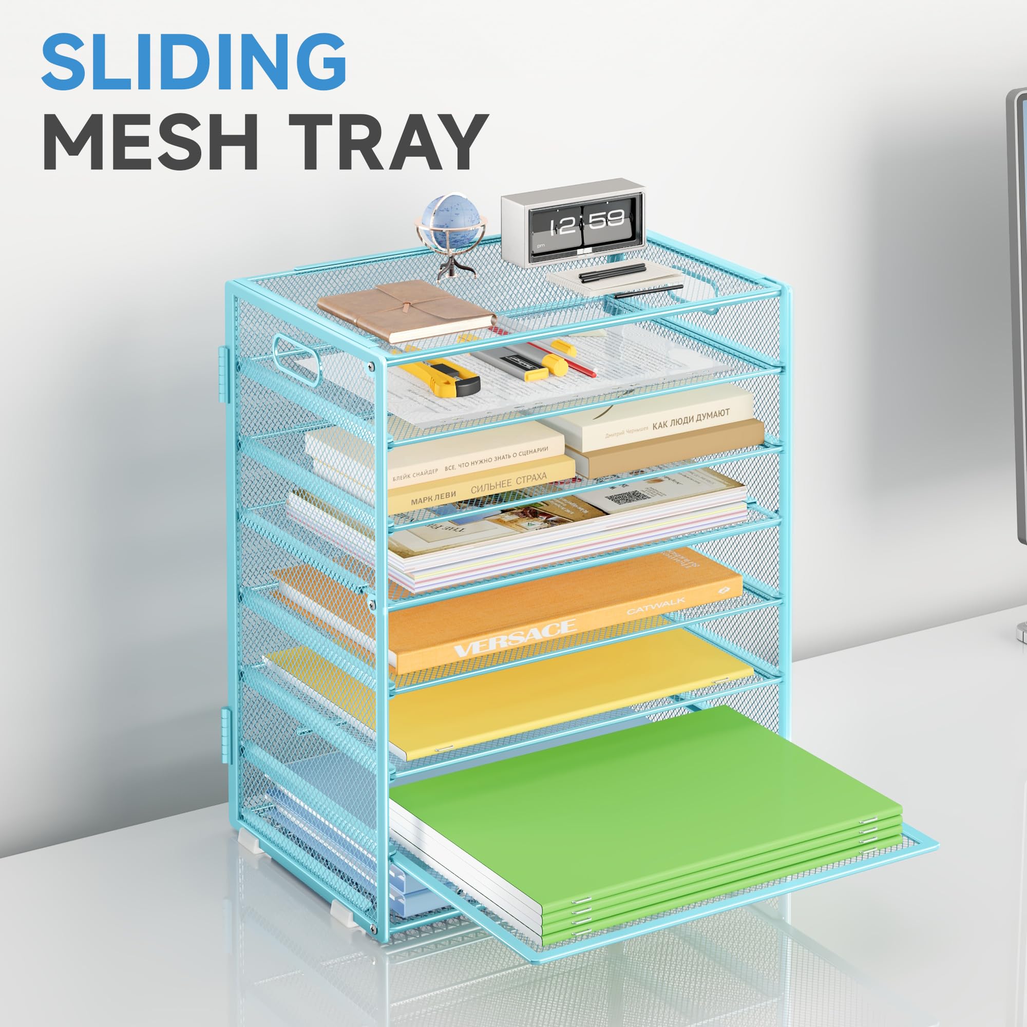 Marbrasse Schreibtisch Organizer Ablage,8-Tire Papierablage Ablagefächer Stapelbar Dokumentenablage,Metall Schreibtischorganizer für Briefablage,Ordner,Büromaterial,Home Office (Blau)